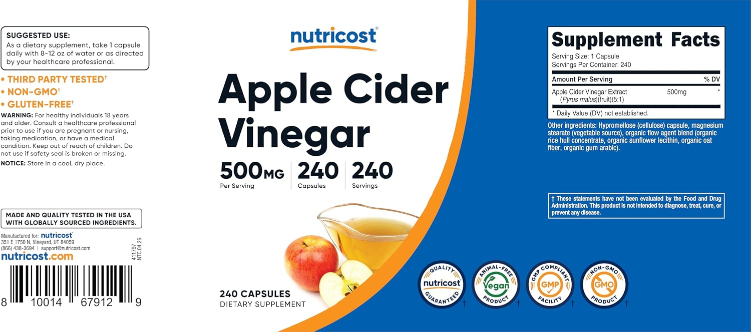 Nutricost Apple Cider Vinegar Capsules 500mg, 240 Vegetarian Capsules | Natural, GMO-Free and Gluten Free