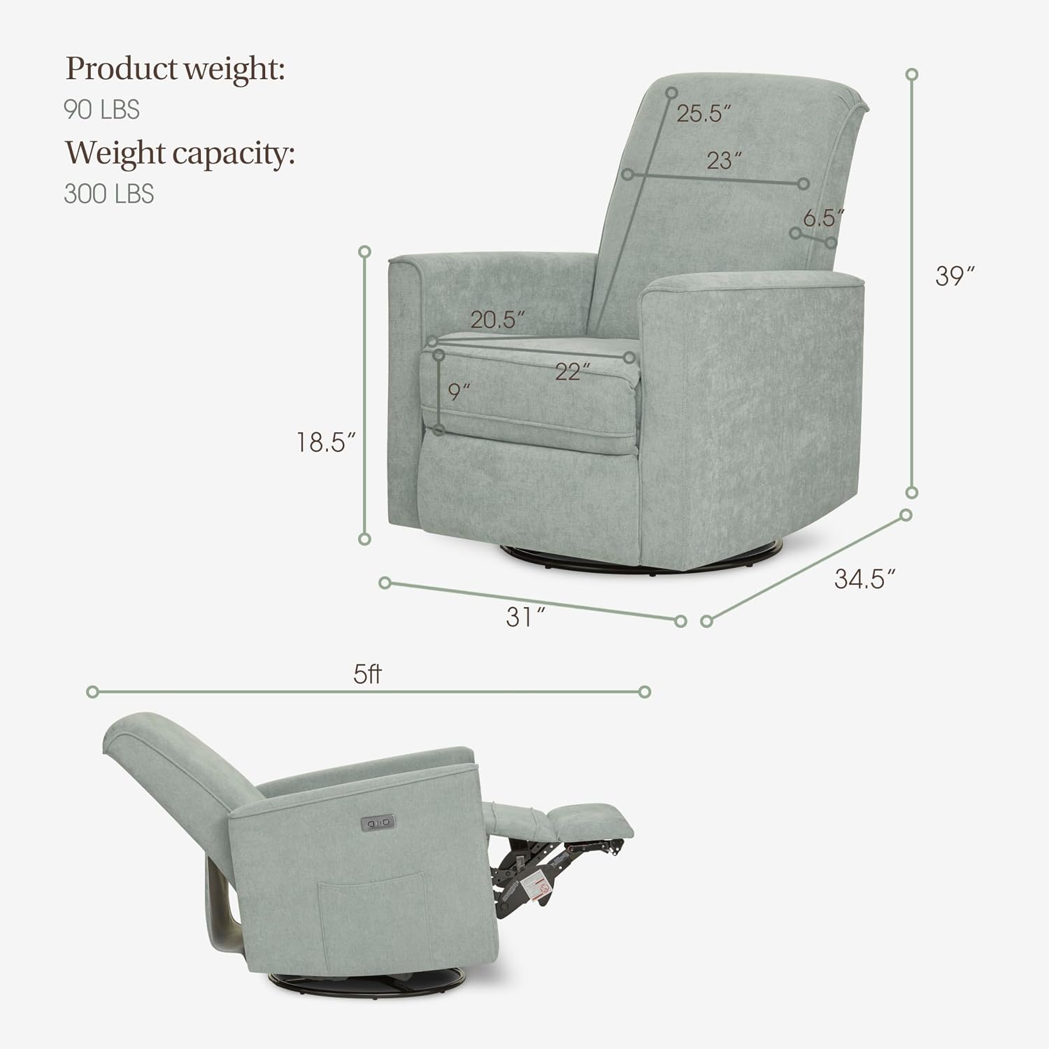 évolur Harlow Upholstered Power Glider Recliner with USB Charging – Rocking & 275° Swivel with Smooth Glide – Greenguard Gold & FSC