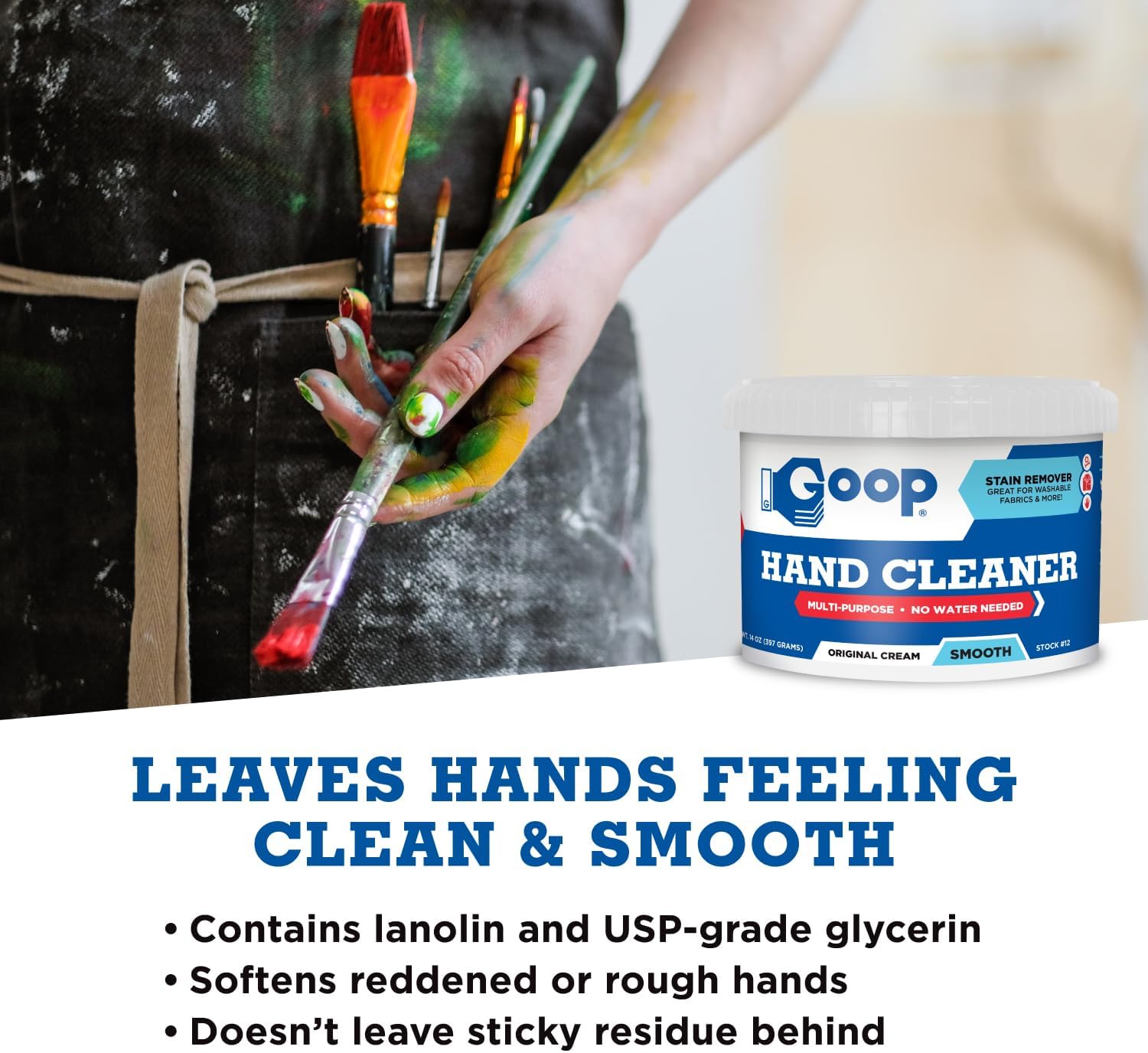GOOP Multi-Purpose Hand Cleaner- Waterless Hand Degreaser, Laundry Stain Remover - NonToxic and Biodegradable Cleaner Remove Dirt, Oil, Paint, Ink, and Clothes Stains Original, 14oz Pack of 1