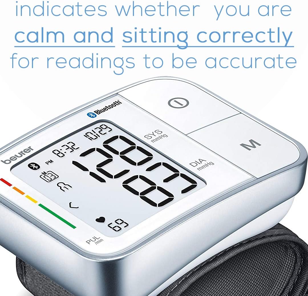 Beurer Bluetooth Smart, Wireless & Automatic Wrist Blood Pressure Monitor with Large LCD Display, Irregular Heartbeat Detection, Multi-Users