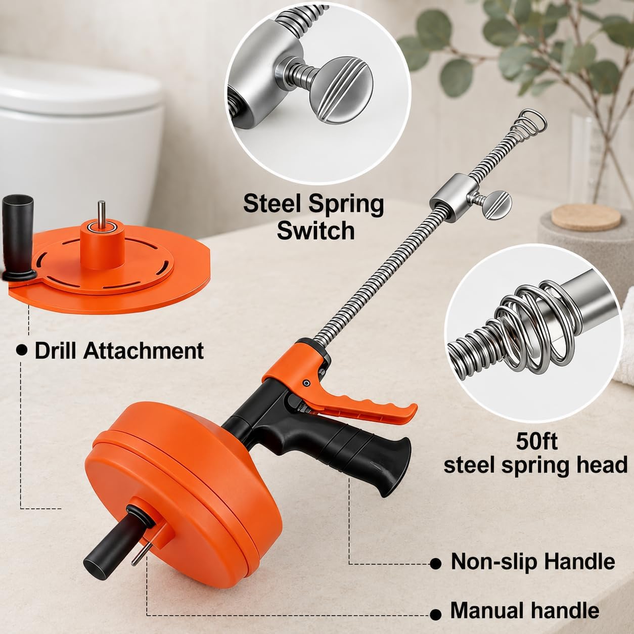 50 FT Double Mode Drain Snake Tools, 14-in-1 Drain Auger for Sink and Drain Unblocking, Plumbing Snake for Kitchen, Bathrom and Shower Sink
