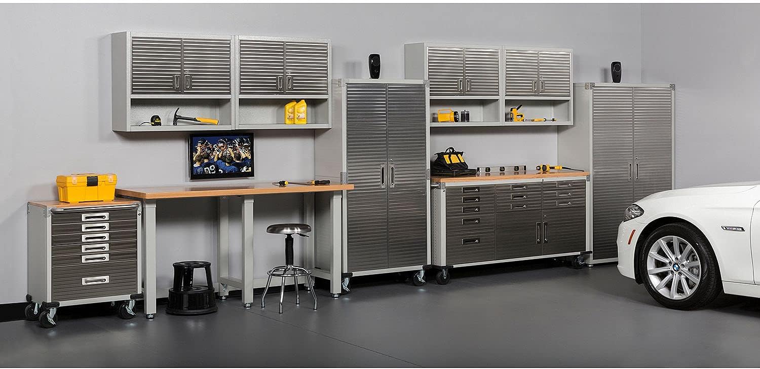 Seville Classics UltraHD Heavy Duty Rolling Cabinet Workbench Table w/Solid Wood Top, Workstation for Garage, Warehouse, Office, Workshop, 77" W x 20" D x 37.5" H, Graphite, 11-Drawer