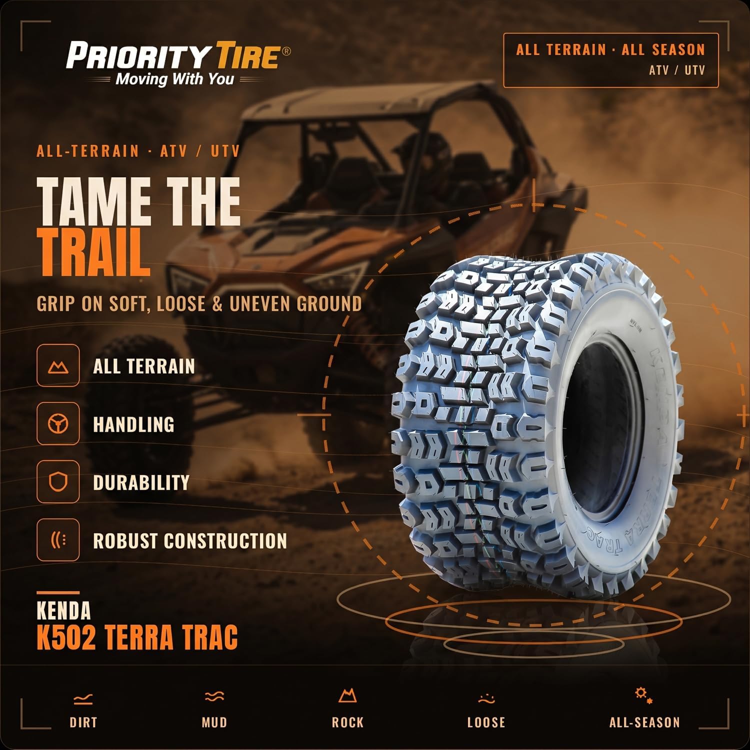Kenda Terra Trac Front/Rear 6 Ply 22-11.00-10 K502 Lawn & Garden/Turf Tire | ATV & UTV All Terrain All Season Traction 102A3 Rated 6 Ply Bias Construction Black Sidewall Tire