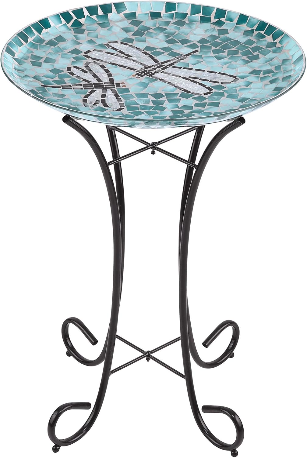 Alpine Corporation 24" Tall Outdoor Floral Mosaic Glass Birdbath with Metal Stand and Detachable 18 Inch Diameter Bowl, Garden Decor