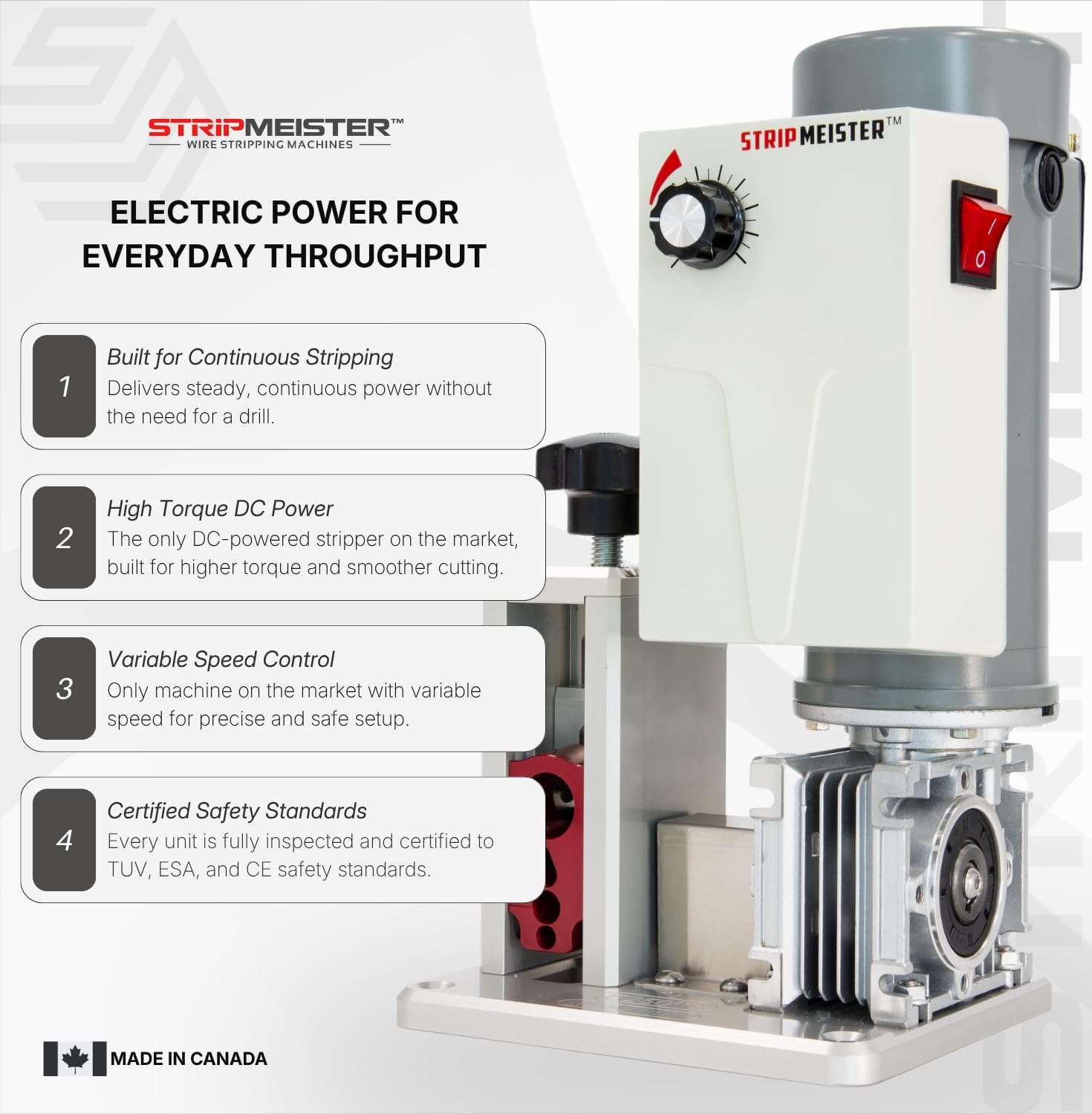 StripMeister E250 Electric Automatic Wire Stripping Machine – Wire Size Up To Ø3/4", Jam-Free, Motorized Wire Stripper with Variable Speed Control for Copper Wires
