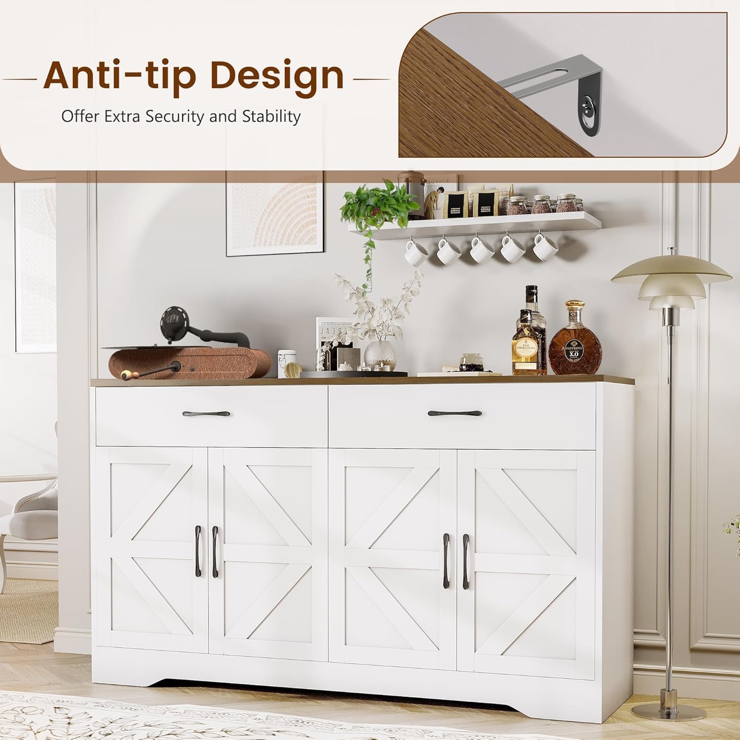 Sideboard Buffet Cabinet with Storage, 55.1" Large Kitchen Storage Sideboard with Drawers & Doors, Modern Wood Farmhouse Coffee Bar Cabinet