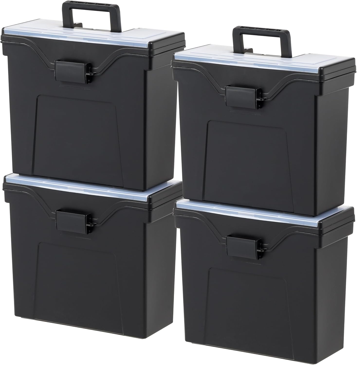 IRIS USA 4-Pack File Box Organizer with Wing Lid Letter/Legal 18 Qt, Clear | Organize letter and legal files, documents and paperwork with a wing lid for quick access and secure storage