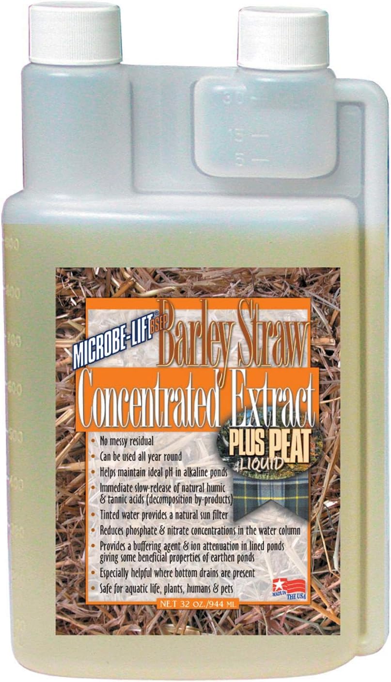 Microbe-Lift Concentrated Barley Straw Extract Plus Liquid Peat Conditioner for Ponds and Outdoor Water Garden, Safe for Live Koi Fish, Plants, and Decorations, 8 Ounces