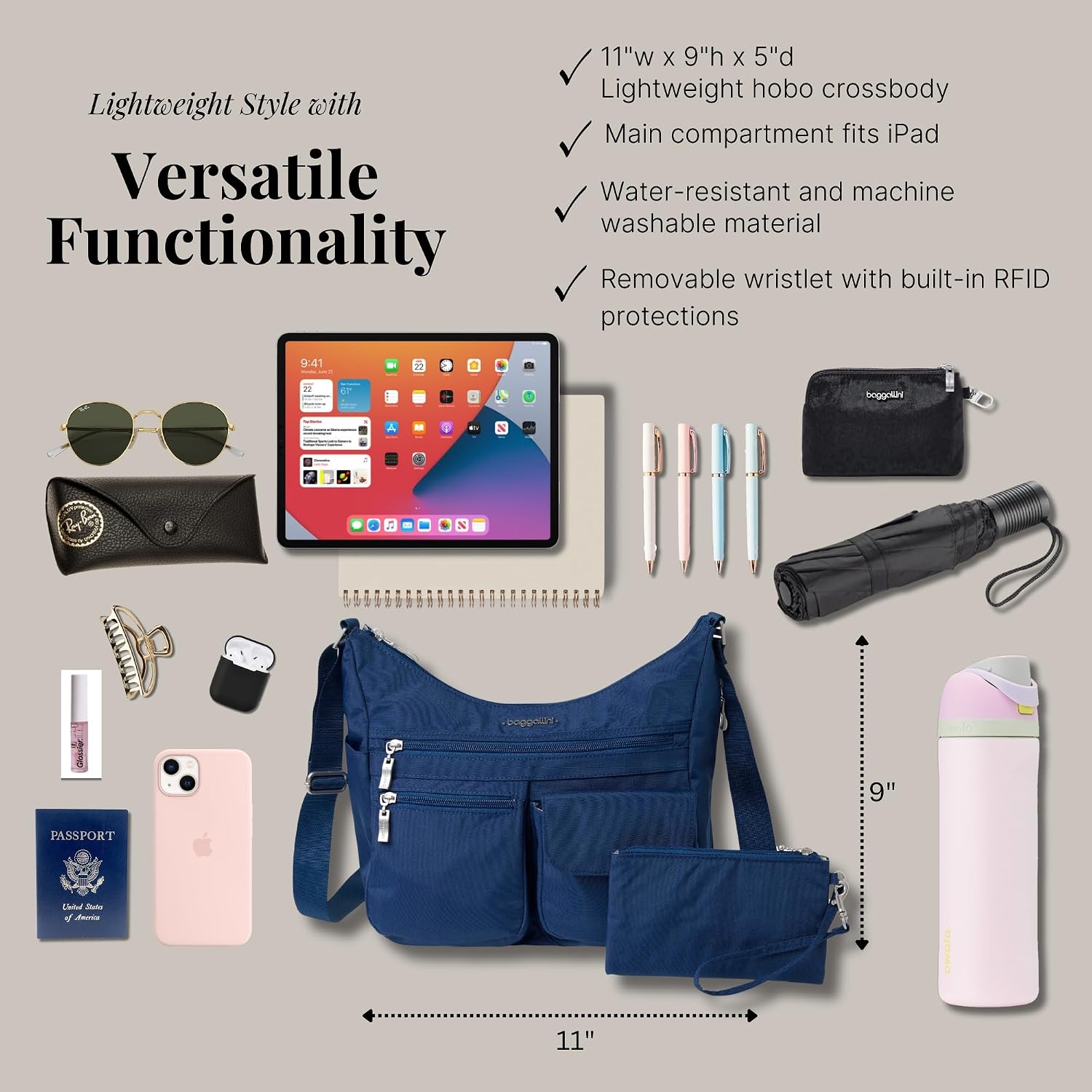 Baggallini womens Everywhere Bagg Crossbody Women 11x9 Lightweight Nylon Hobo Water-resistant Travel Bag W/Rfid