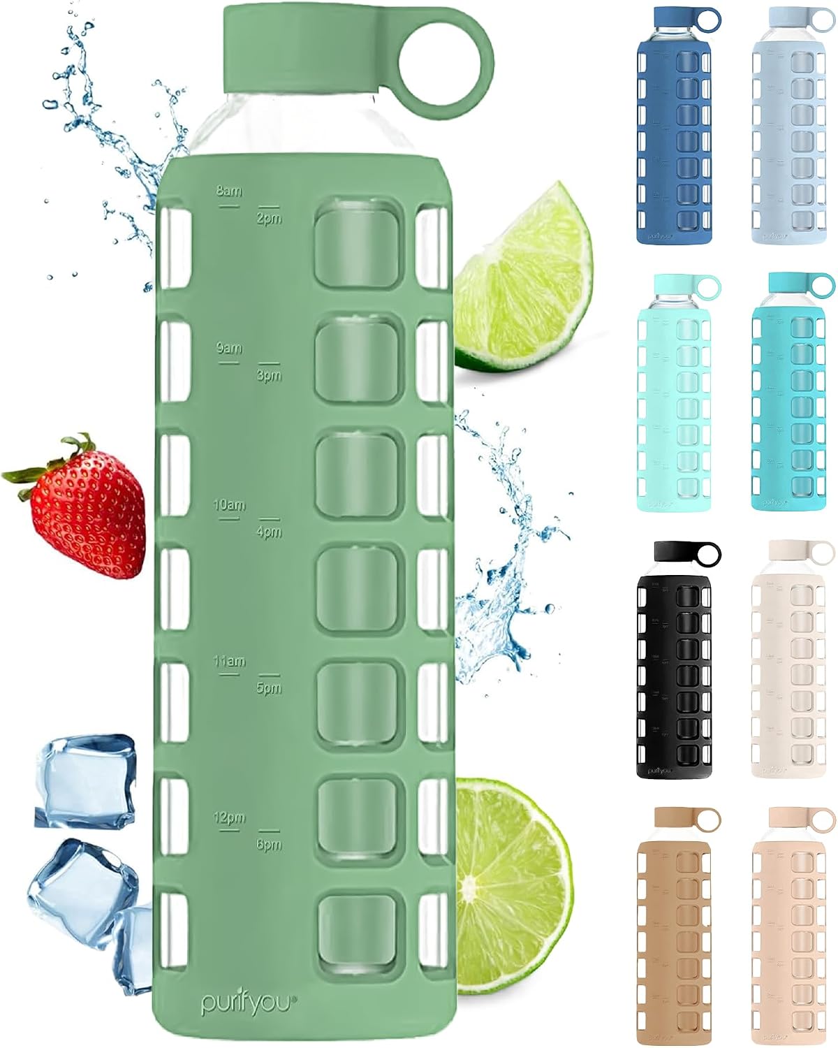 purifyou 40oz / 32oz / 22oz / 12oz Borosilicate Glass Water Bottle with Time & Volume Markers, Silicone Sleeve