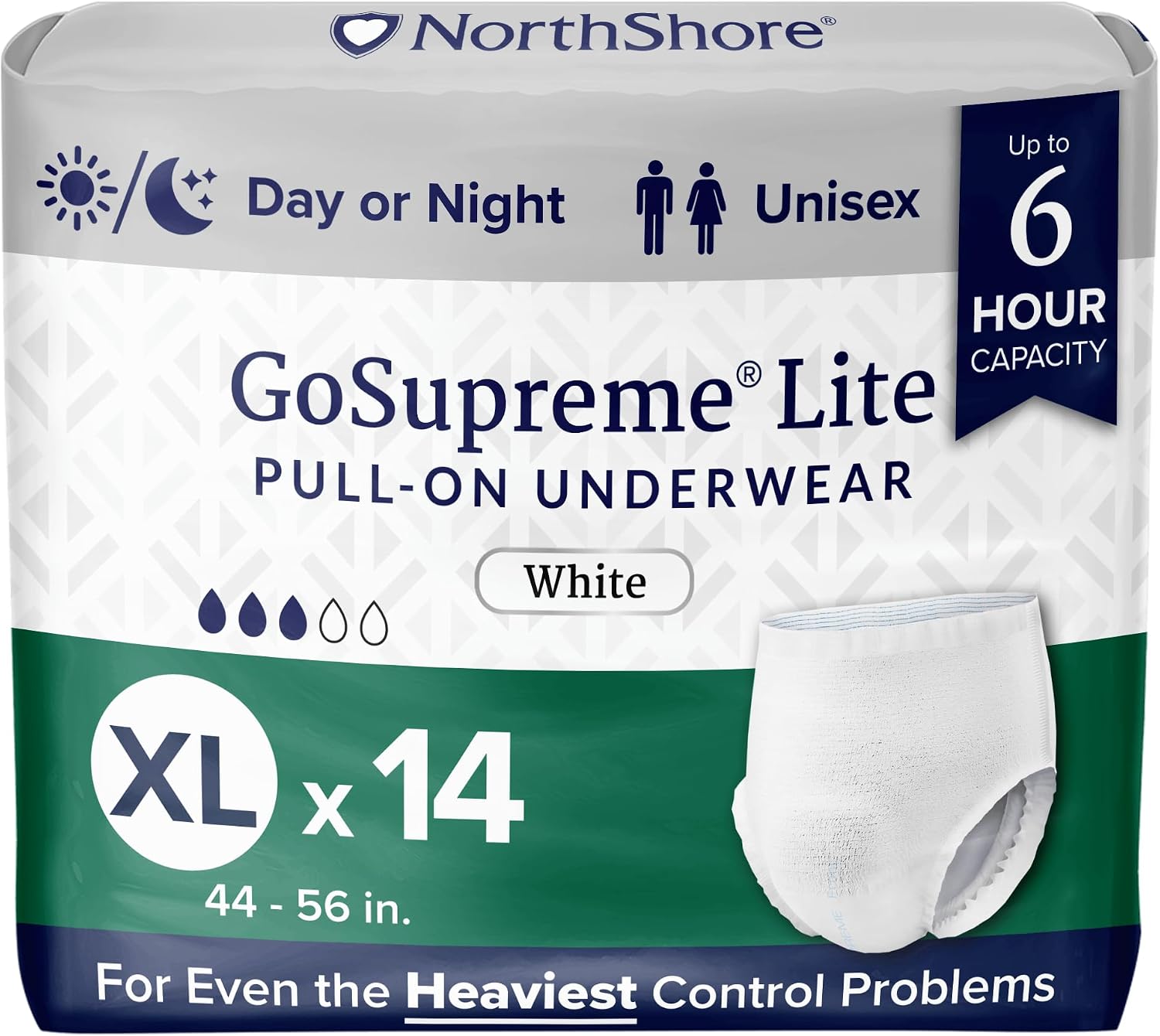 NorthShore GoSupreme Lite 6-Hour Daytime Underwear, White, Medium, 14 Count