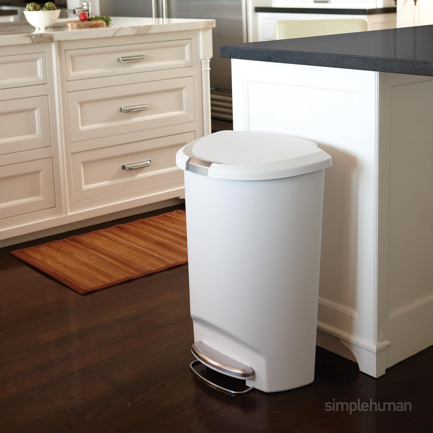 simplehuman 50 Liter / 13 Gallon Semi-Round Kitchen Step Trash Can with Secure Slide Lock, Black Plastic