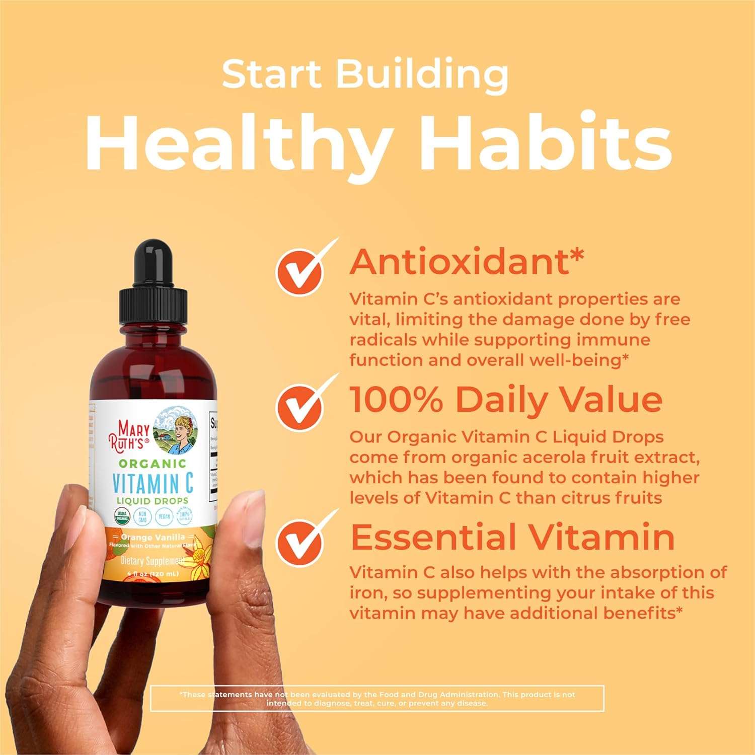 MARYRUTH'S Organic Vitamin C Supplement | Liquid Vitamin C Liquid Drops for Adults & Kids | Immune Support Supplement for Overall Health | Vegan