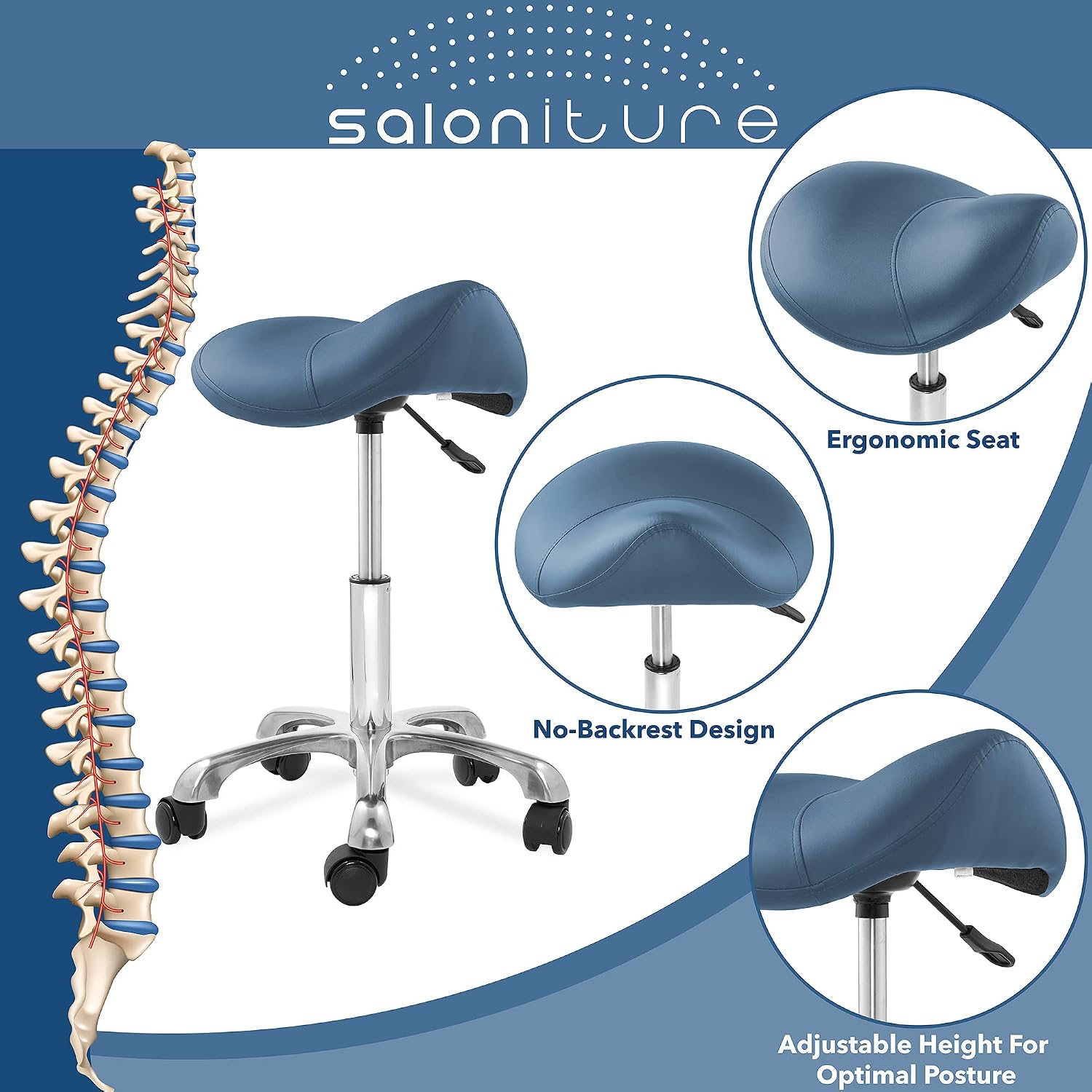 Saloniture Professional Ergonomic Saddle Stool, Black - Adjustable Hydraulic Seat, Rolling Spa Salon, Massage