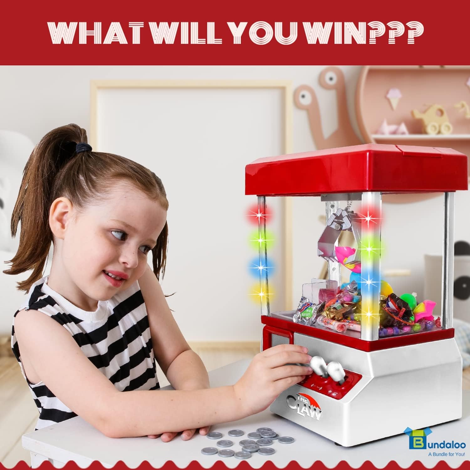 Claw Machine Arcade Game with Sound, Cool Fun Mini Candy Grabber Prize Dispenser Vending Toy for Kids, Boys & Girls