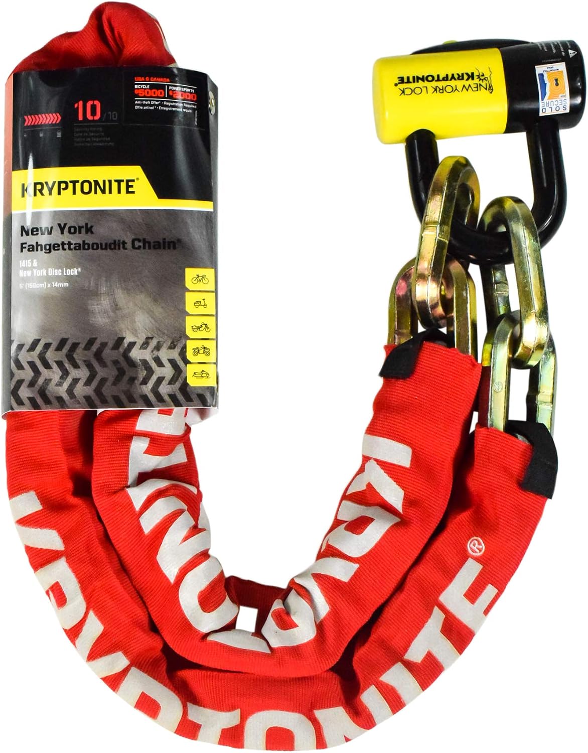 Kryptonite New York FAHGETTABOUDIT 1415 14mm 15 LBS Red Chain & New York Lock 15mm Disc Lock