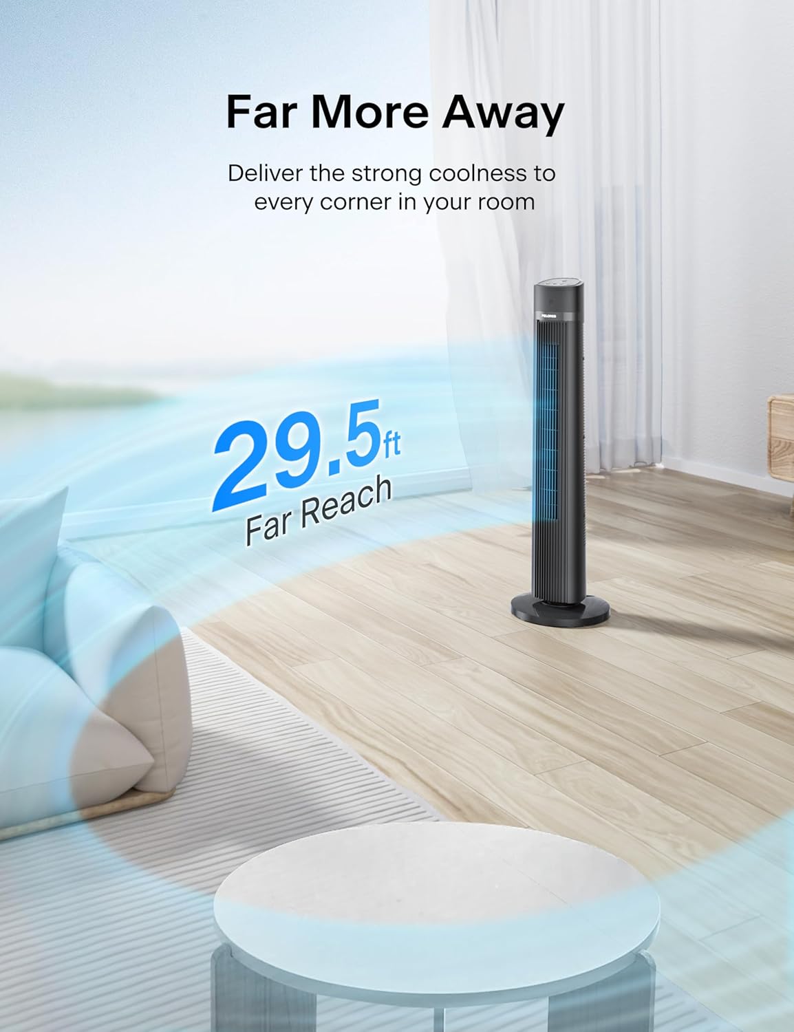 PELONIS 40-inch Bladeless Tower Fan for Bedroom, Standing Fan with Remote Control, 26ft/s, 90° Oscillation, 3 Speed Settings, 27 dB, 3 Modes