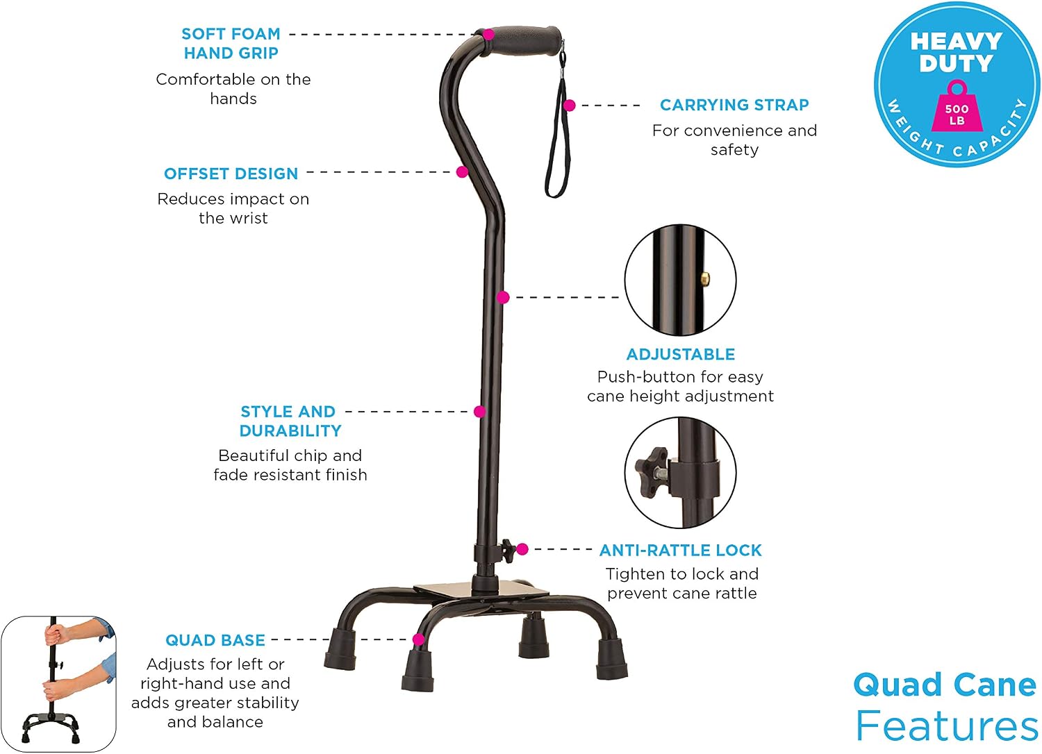NOVA Heavy Duty Quad Cane with Large Base, 500 lb Weight Capacity Bariatric Walking Cane with Offset Handle, Adjustable Height Aluminum 4-Prong Cane, Right or Left Hand Use, Silver
