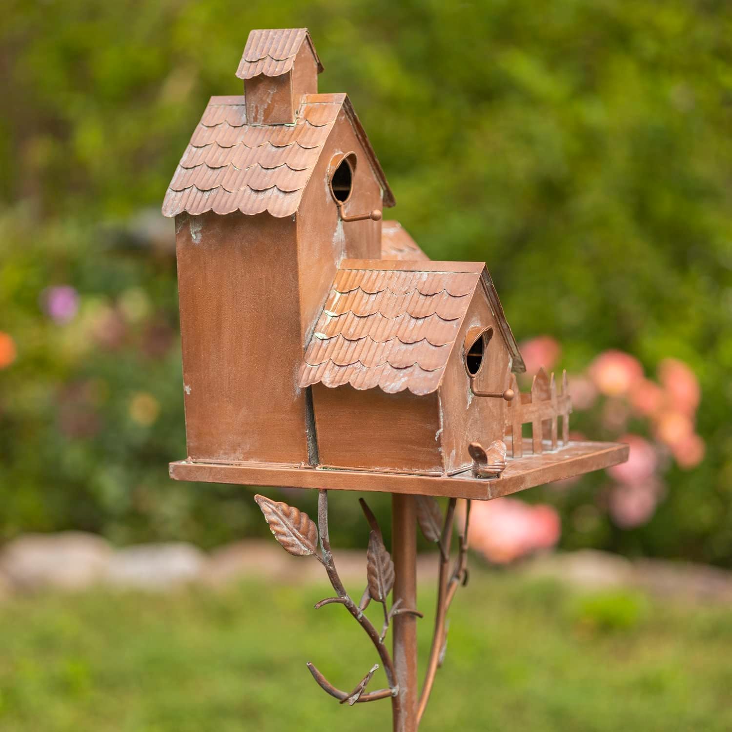Large Copper Colored Multi-Birdhouse Stakes, Room for 4 Bird Families in Each (Cube Homes with Pyramid Roofs)