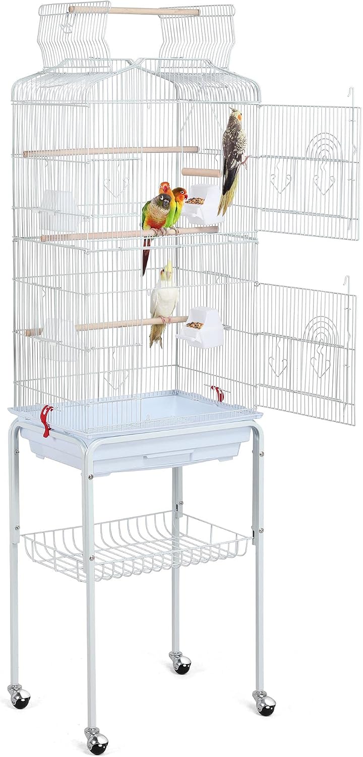 Yaheetech 64'' Open Top Bird Cage for Parakeets & Cockatiels, Black | Detachable Rolling Stand, Easy-clean Slide Tray, Multi-door Access, 3/8" Bar Spacing, Indoor/Outdoor Use