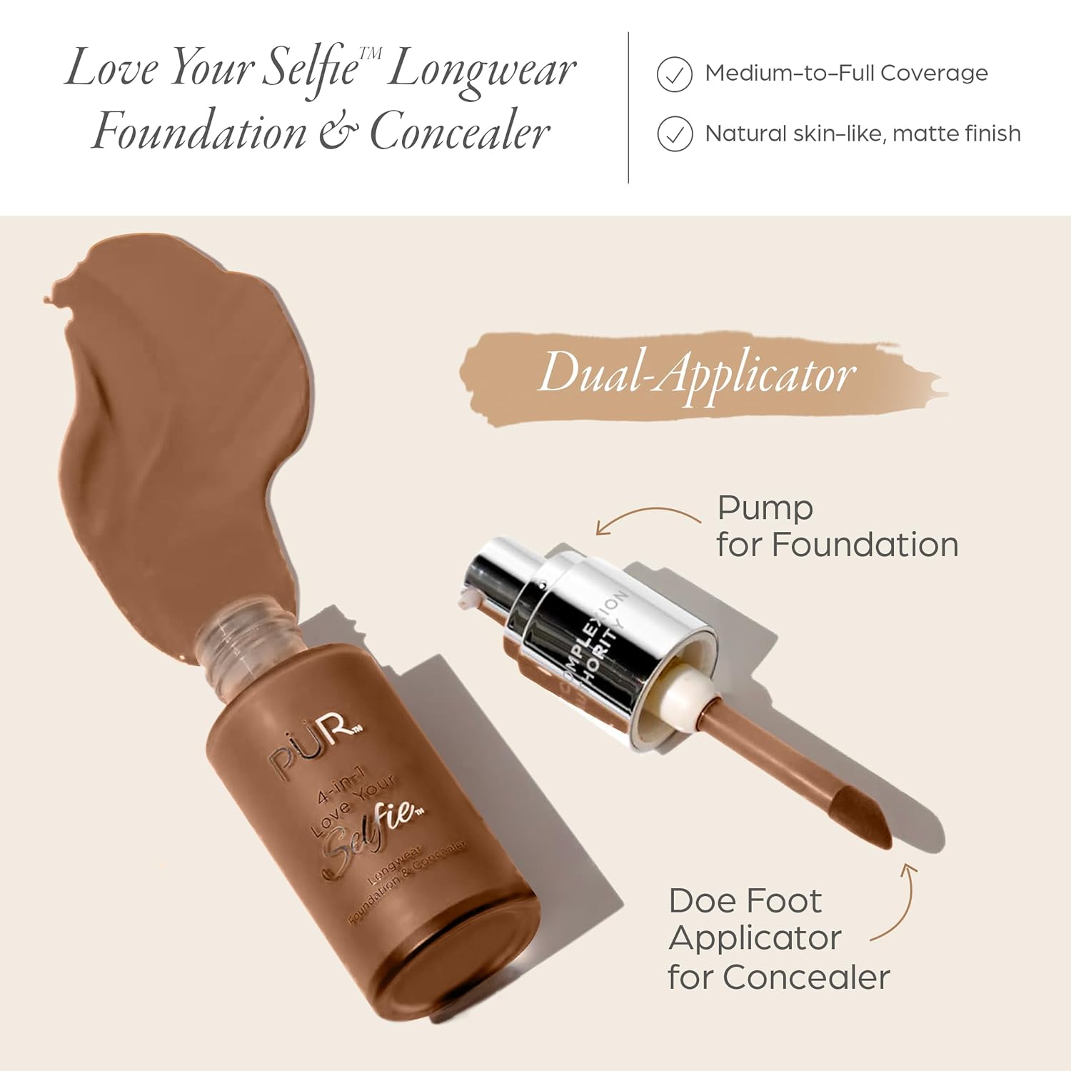 PÜR MINERALS 4-in-1 Love Your Selfie Foundation & Concealer - Longwear Medium-to-Full Coverage Liquid Makeup Foundation with Hydrating Blend for Refined-Looking, Natural Beauty Glow & Skin Texture