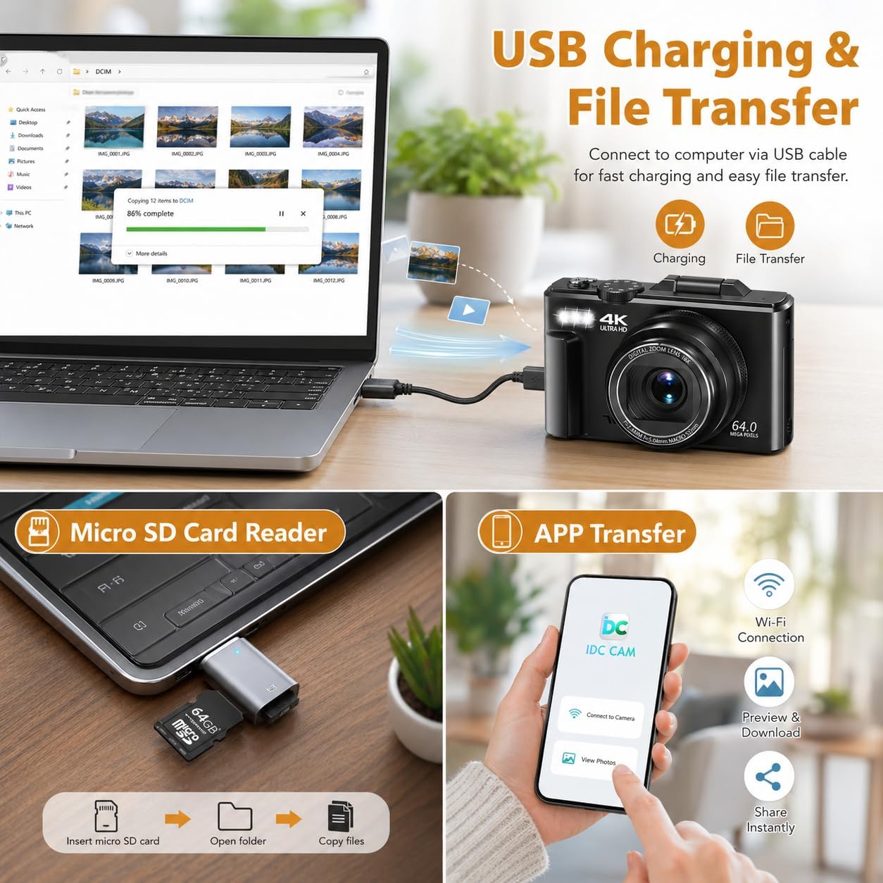 4K Digital Camera for Photography, 64MP Vlogging Camera for YouTube with 3" 180° Flip Screen, WiFi Compact Camera with 18X Digital Zoom, Comes with 32GB Micro SD Card & 2 Batteries, Black