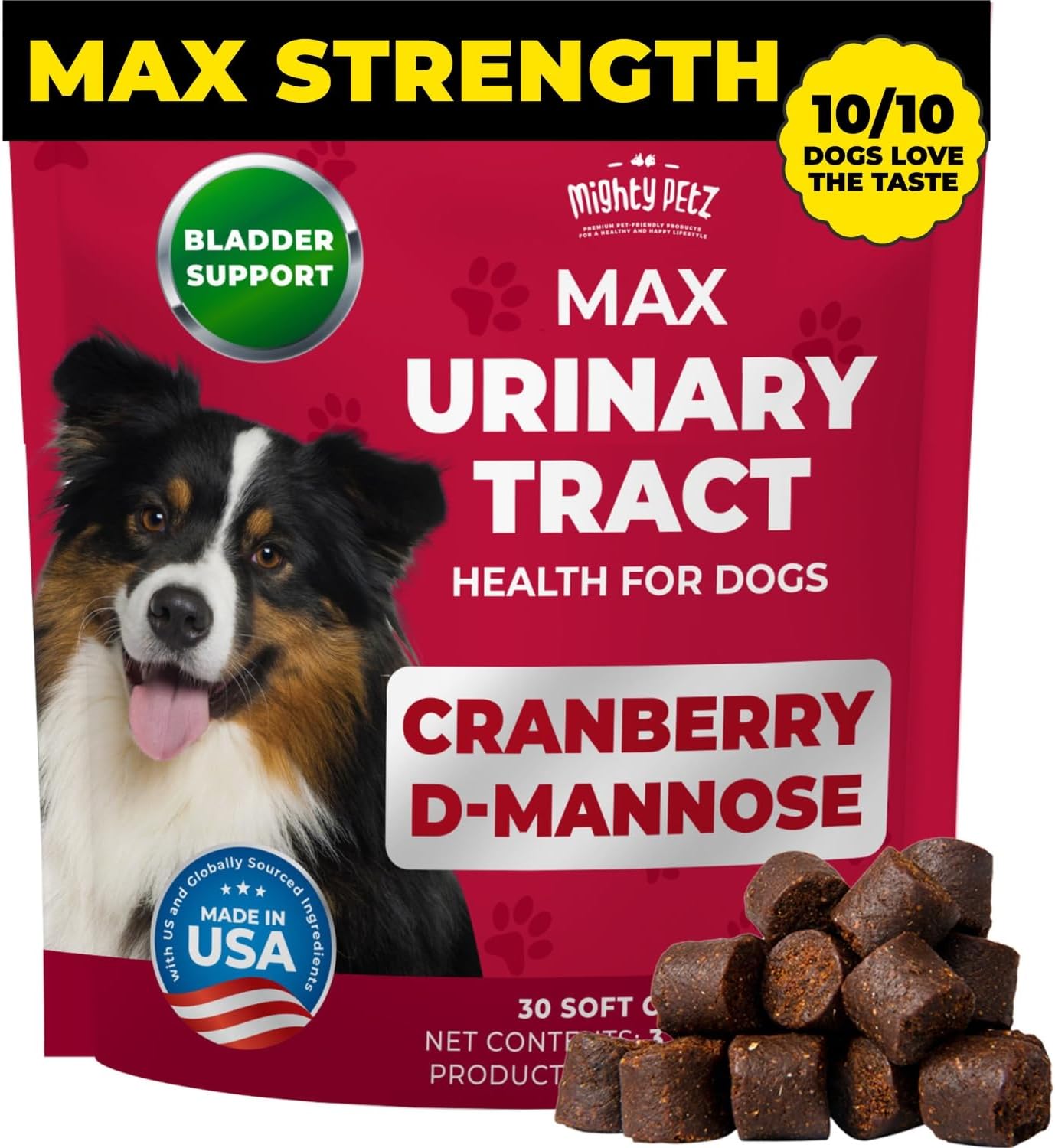 MAX Cranberry for Dog UTI Treatment - MAX Strength Cranberry Supplement for Dogs + D-Mannose. Bladder Control for Dogs. Urinary Tract Care & Kidney