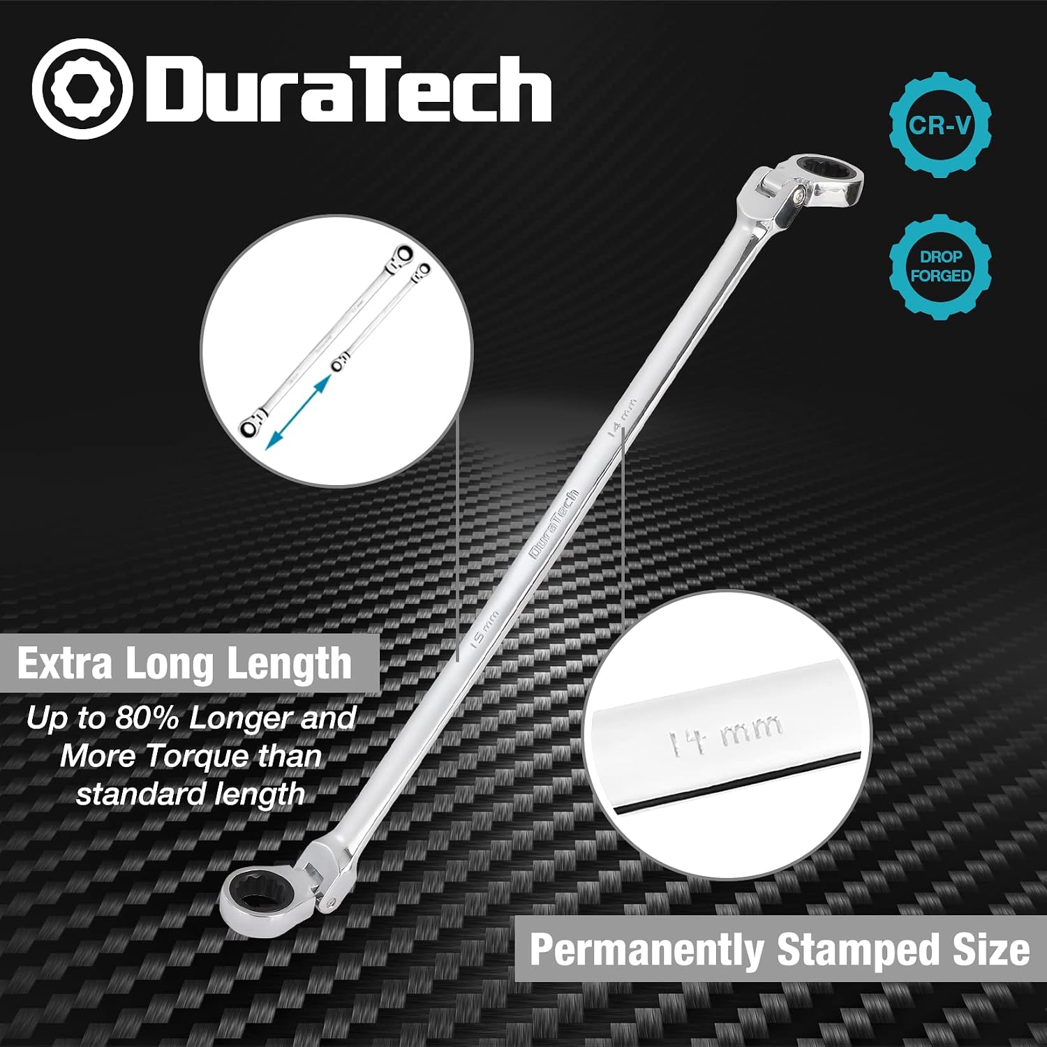 DURATECH Extra Long Flex-Head Ratcheting Wrench Set, Metric, CR-V Steel