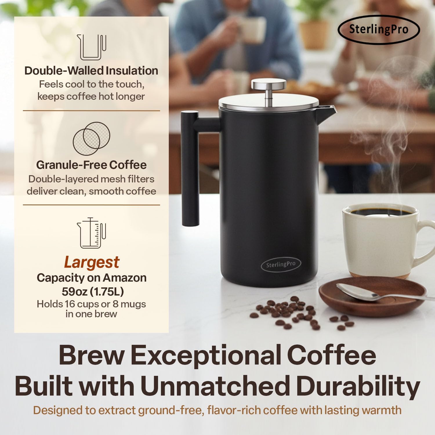 SterlingPro Large Insulated Stainless Steel French Press Coffee Maker 51oz Capacity (44 oz Brew Yield) – Double Wall Metal Coffee Press | Plastic Free | Cool-Touch | Mirror Finish | 12 Cups / 6 Mugs