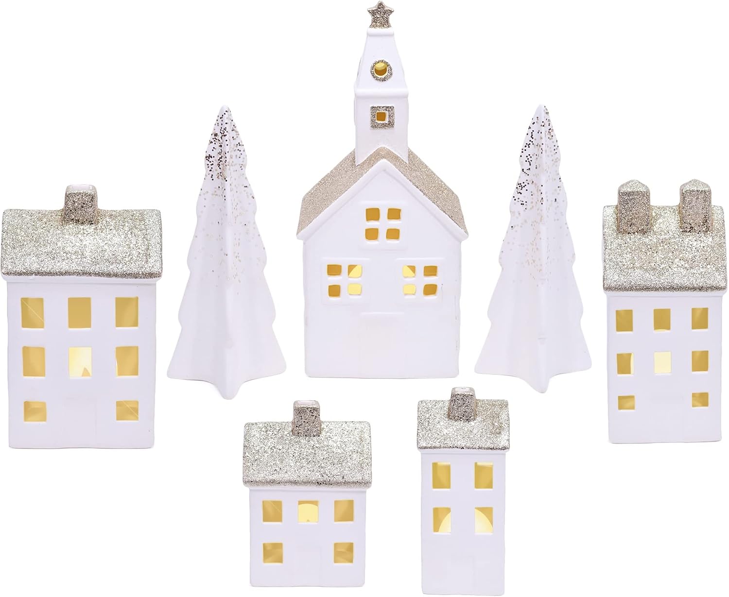 Mark Feldstein & Associates Village White Glitter 12 inch Porcelain LED Christmas Figurines 9 Piece Set