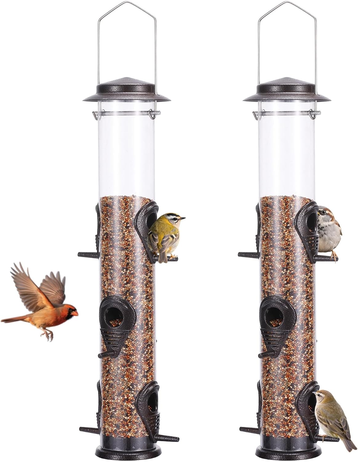 MIXXIDEA 1PK Metal Bird Feeders with 6 Feeding Ports, Tube Bird Feeder with Steel Hanger, Hard Plastic Wild Bird Feeder for Outdoors Hanging