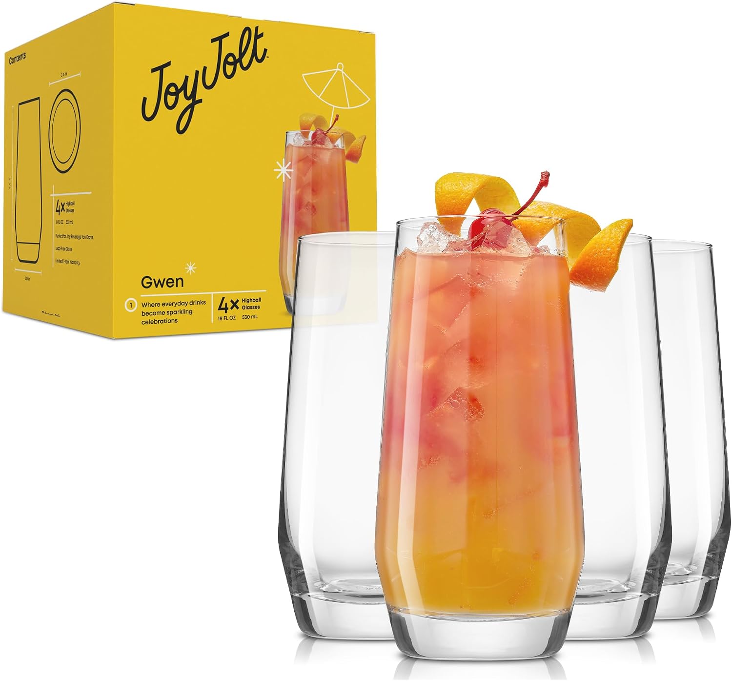 JoyJolt Gwen 18.5 oz Highball Glasses, 4pc Tall Glass Sets. Lead-Free Crystal Glass Drinking Glasses. Water Glasses, Mojito Glass Cups