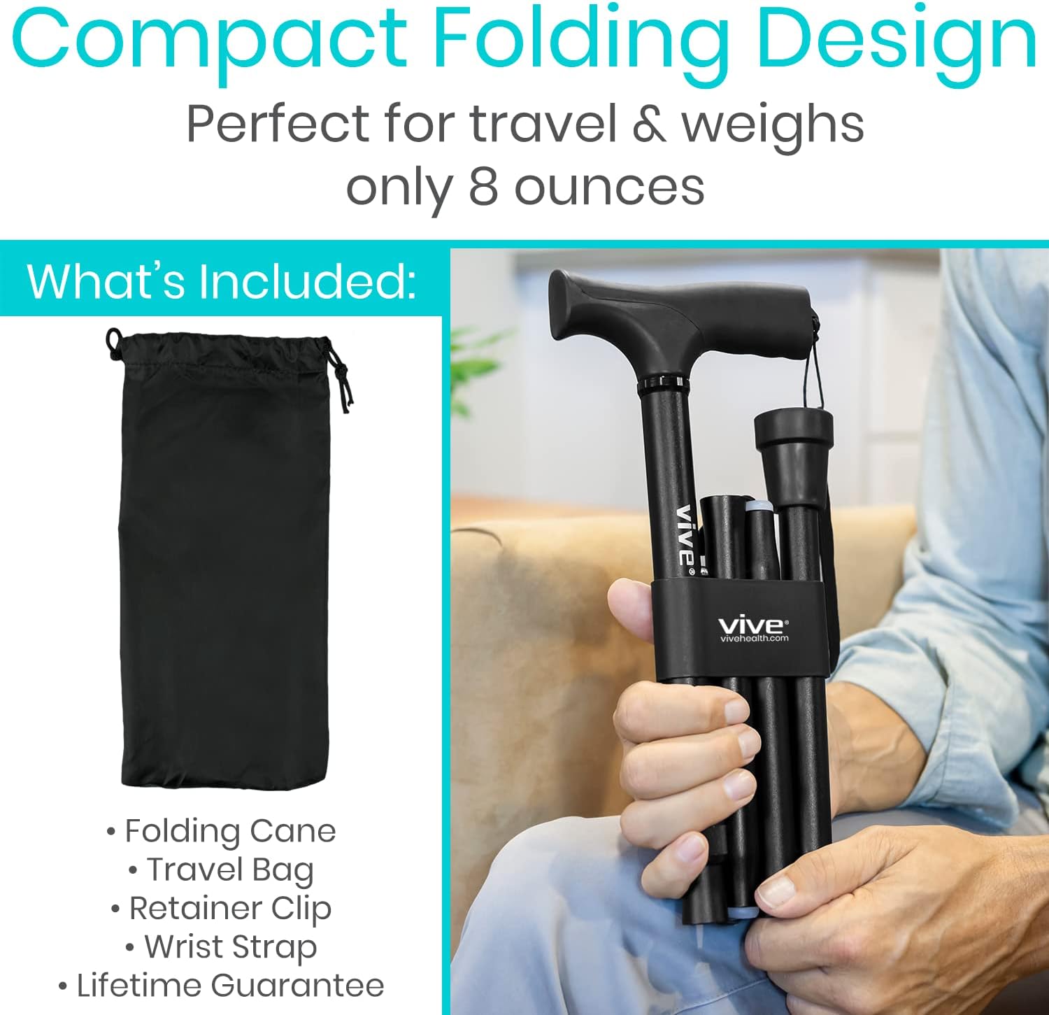 Vive Folding Cane - Foldable Walking Cane for Men, Women - Fold-up, Collapsible, Lightweight, Adjustable, Portable Hand Walking Stick - Balancing Mobility Aid - Sleek, Comfortable | Lightweight, Adjustable, Portable Hand Stick Balancing Mobility Aid Slee…