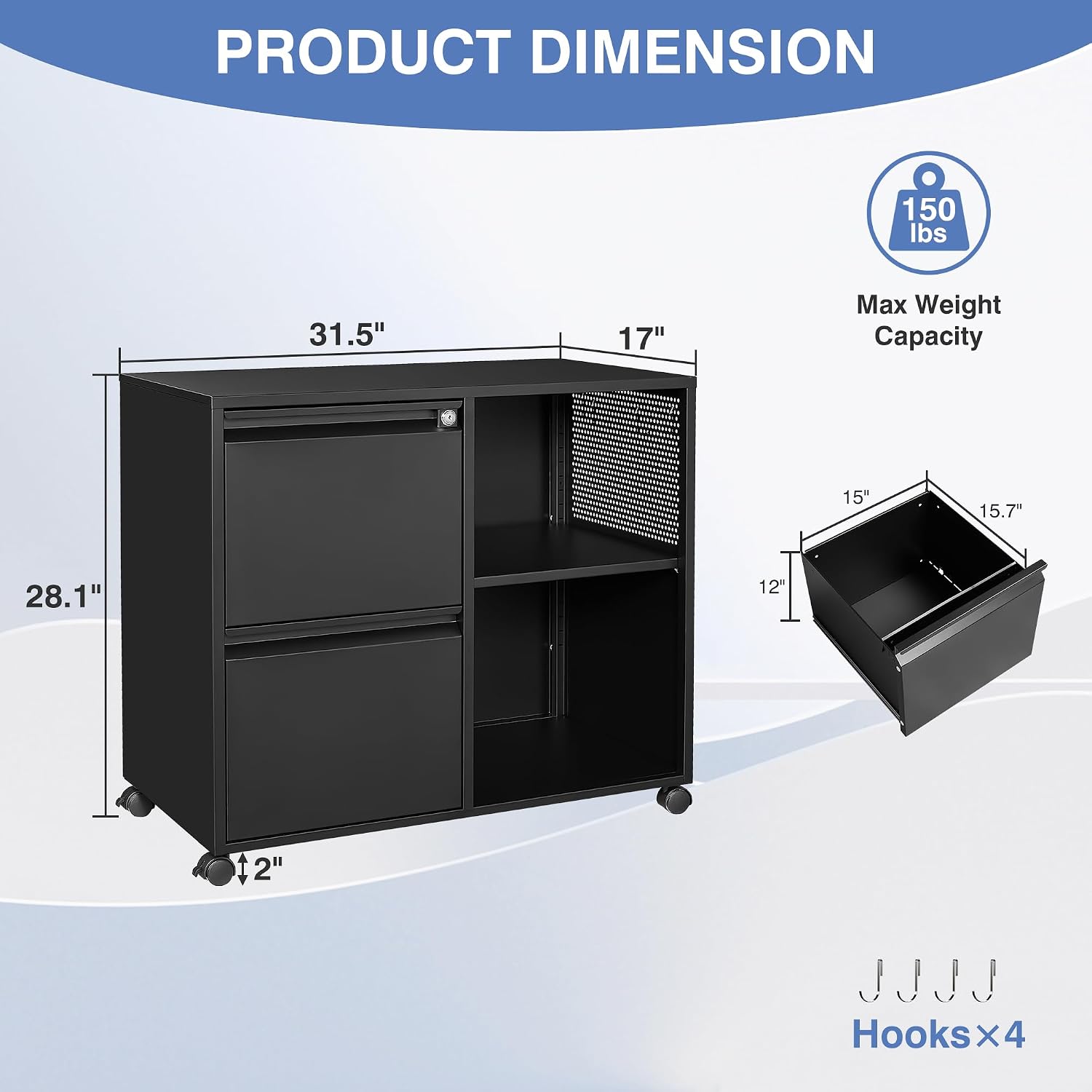 3 Drawer File Cabinet with Lock,Mobile Lateral Filing Cabinet with Side Hook for Letters/Legal/A4, Metal Printer Stand Storage Cabinets with Shelves for Home Office(Black)