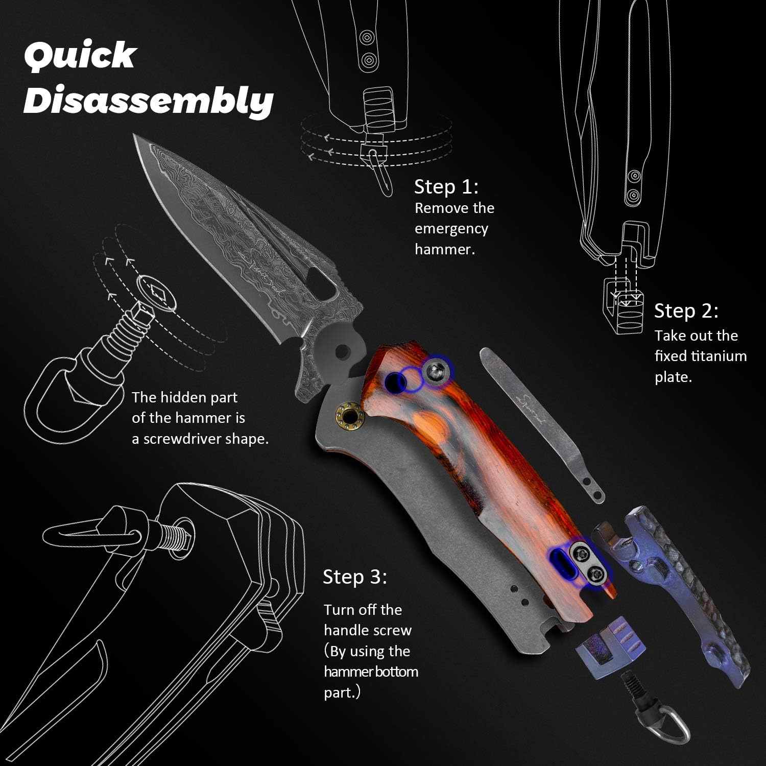 Damascus steel multifunctional EDC folding knife with self assembling pocket clip, lining lock, leather sheath, one piece disassembly pocket knife
