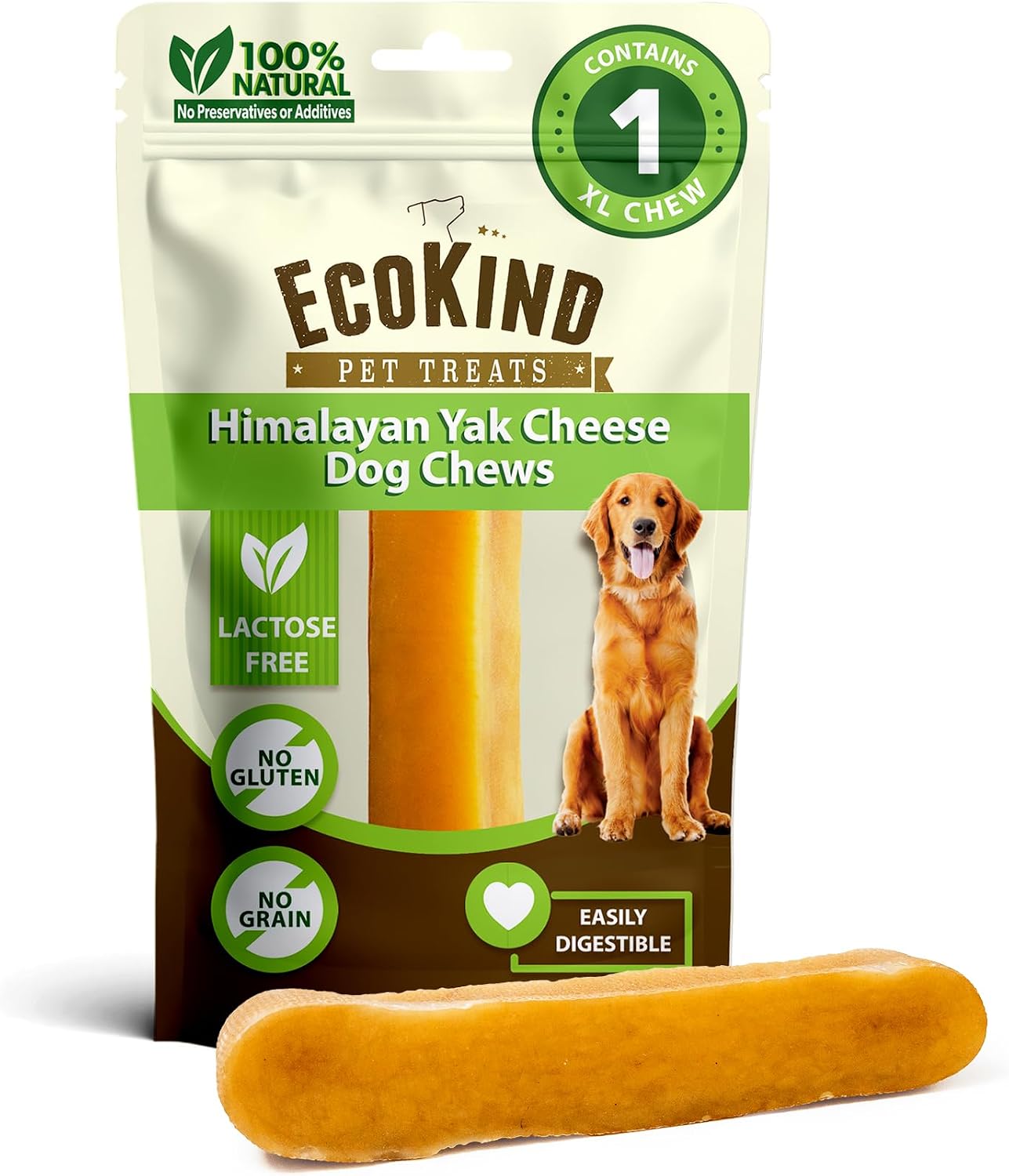 EcoKind Yak Cheese Himalayan Dog Chews, Yak Chews for Large Dogs, 4-5 Bones | 1 Lb, Long Lasting for Aggressive Chewers, Only 3 Ingredient Natural High Protein Dental Dog Treats, No Additives or Lactose