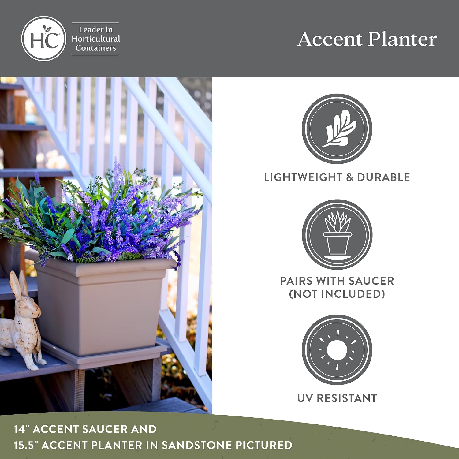 The HC Companies Accent Square Plant Pot w/Drainage - Classic Planters for Outdoor Plants & Indoor Plants - Lightweight & UV-Resistant Square Planter Box (15.5”, Sandstone, Pack of 1)