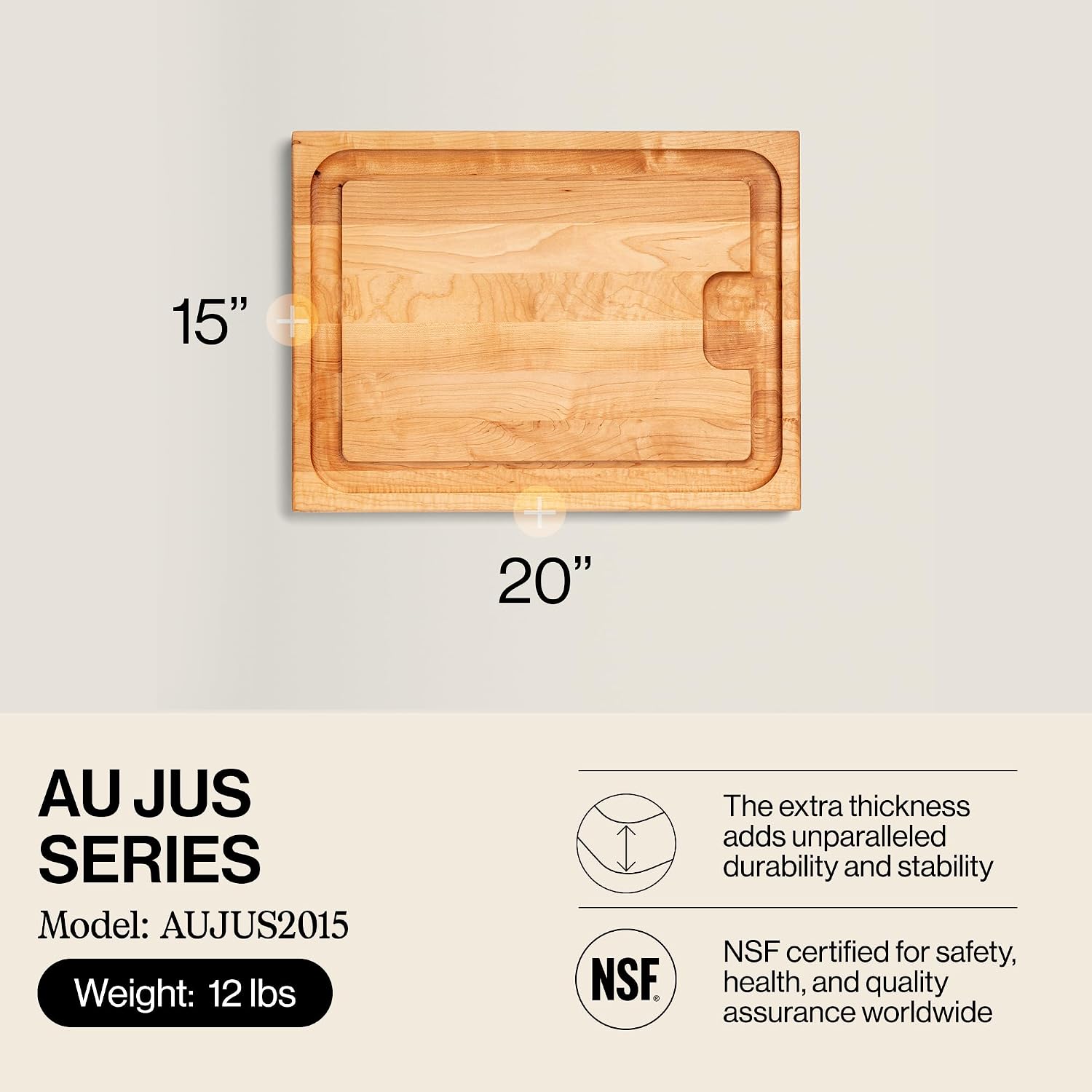 John Boos Aujus Series Rectangular Wooden Maple Cutting Board 20”x15” – 1.5” Thick, 12-lb Reversible Butcher Block with Sloped Juice Groove, Edge-Grain & Finger Grips – Made in the USA