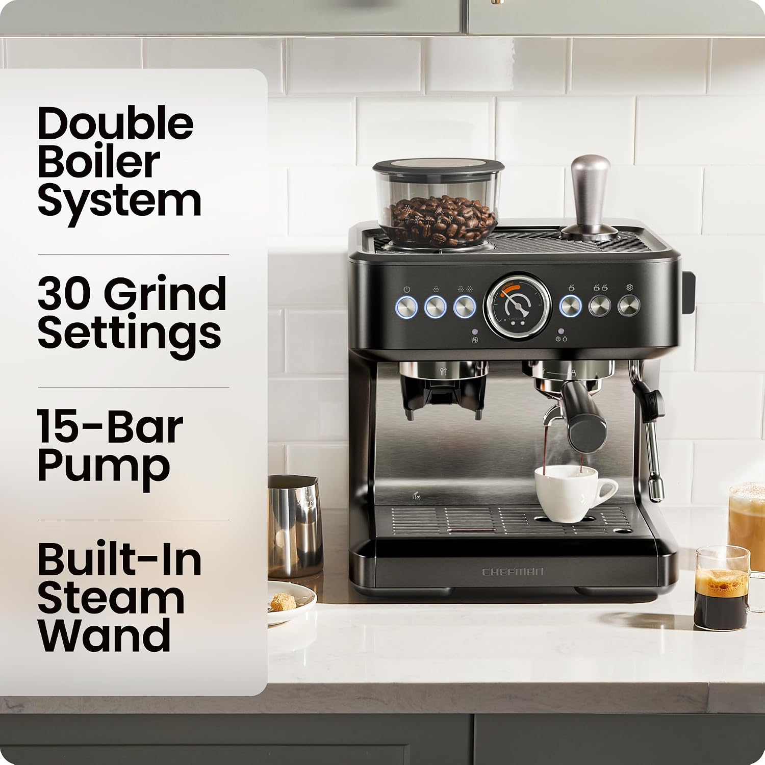 Chefman 6-in-1 Espresso Machine with Built-In Milk Frother, 15-BAR Pump, Digital Display, One-Touch Single or Double Shot for Cappuccinos and Lattes