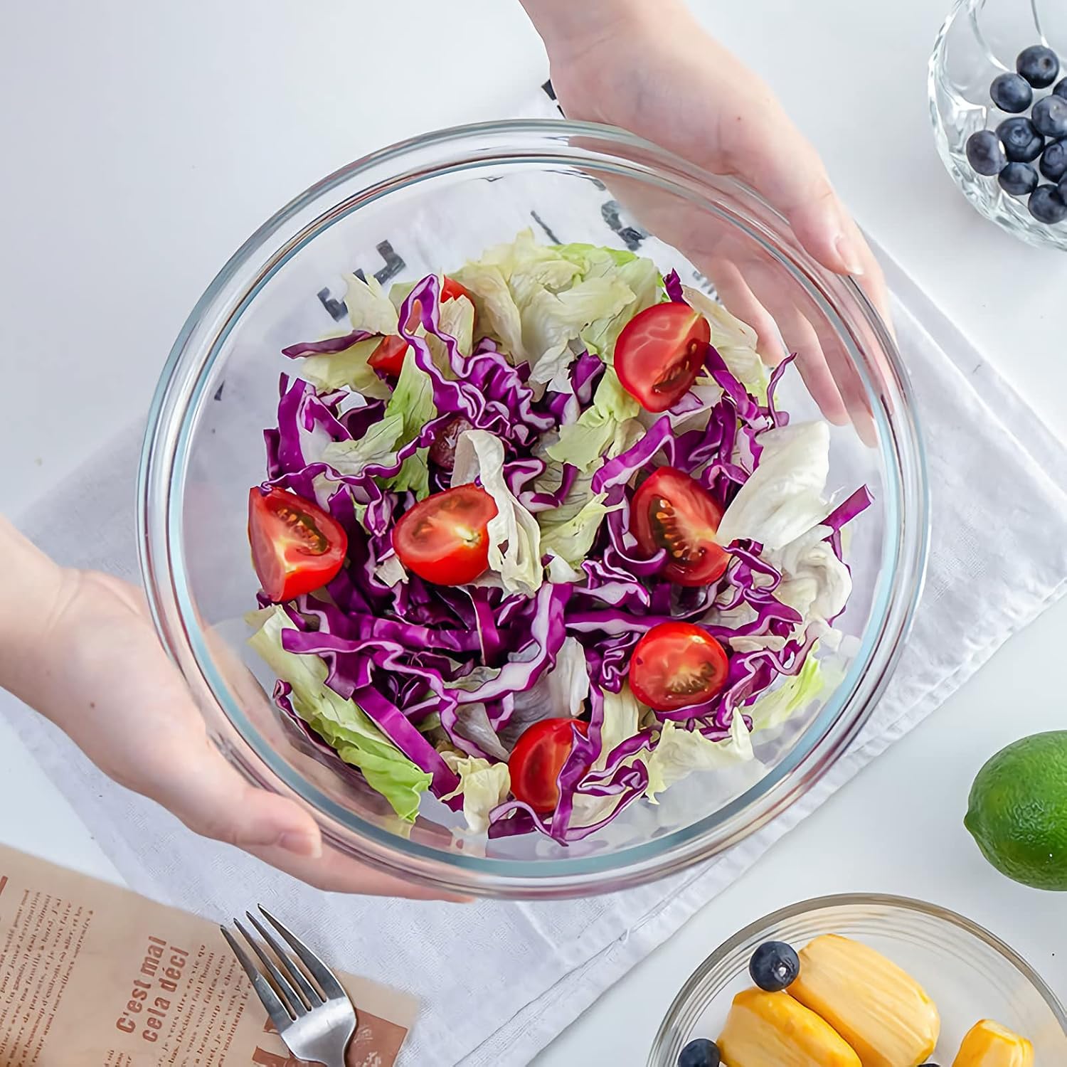 Luvan Glass Mixing Bowls with Lids Set(4.5QT, 2.7QT, 1.1QT)-Large Glass Mixing Bowls, Clear Salad Bowl for Baking, Cooking, Serving, Food Prep, 3PC Nesting Bowls for Kitchen Storage & Dishwasher Safe