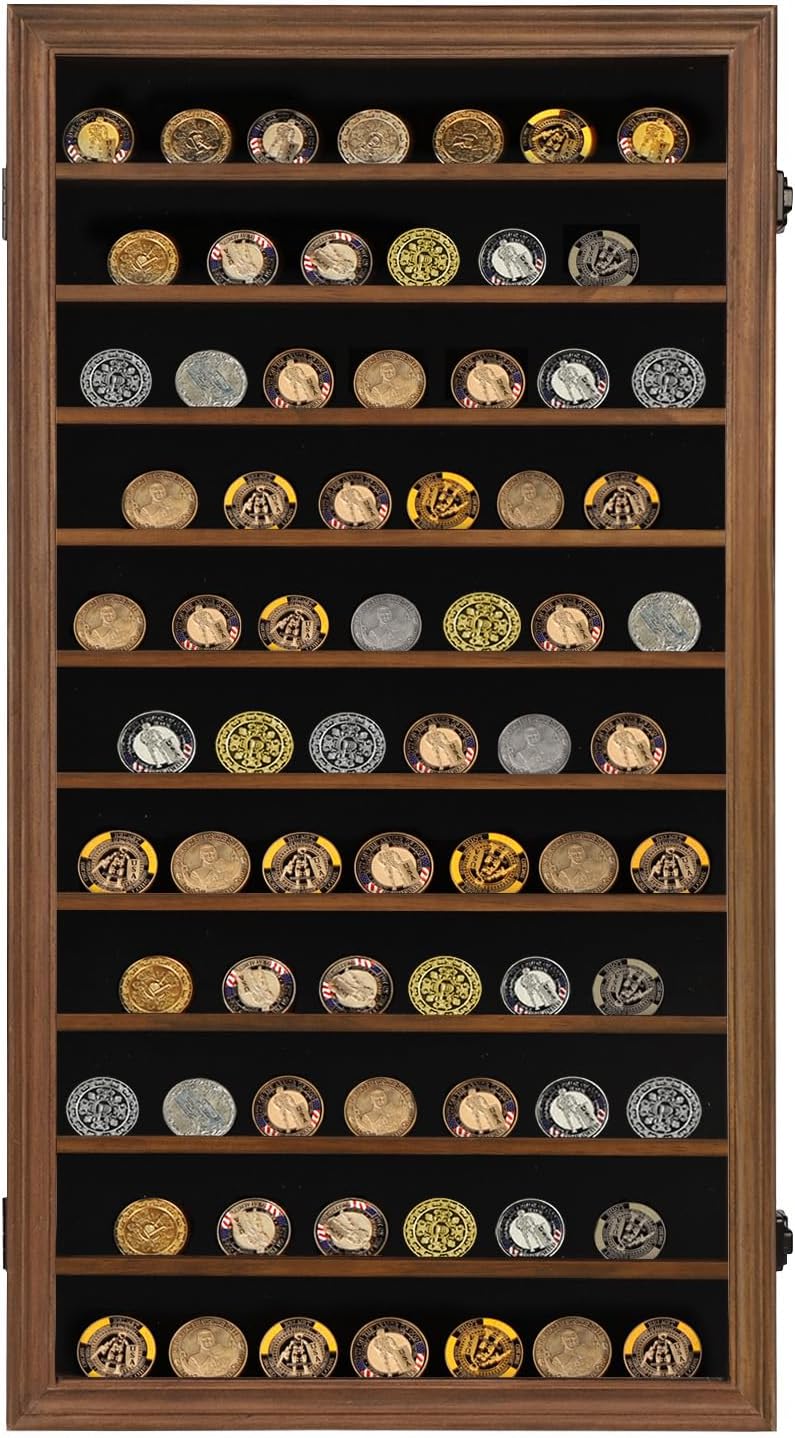 Jinchuan Military Challenge Coin Display Case Lockable Cabinet Rack Holder Shadow Box with Removable 2 Grooves Shelves and Anti Dust Door for Casino