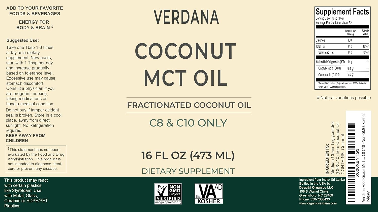 Verdana Food Grade MCT Oil 16 oz – For Keto Coffee