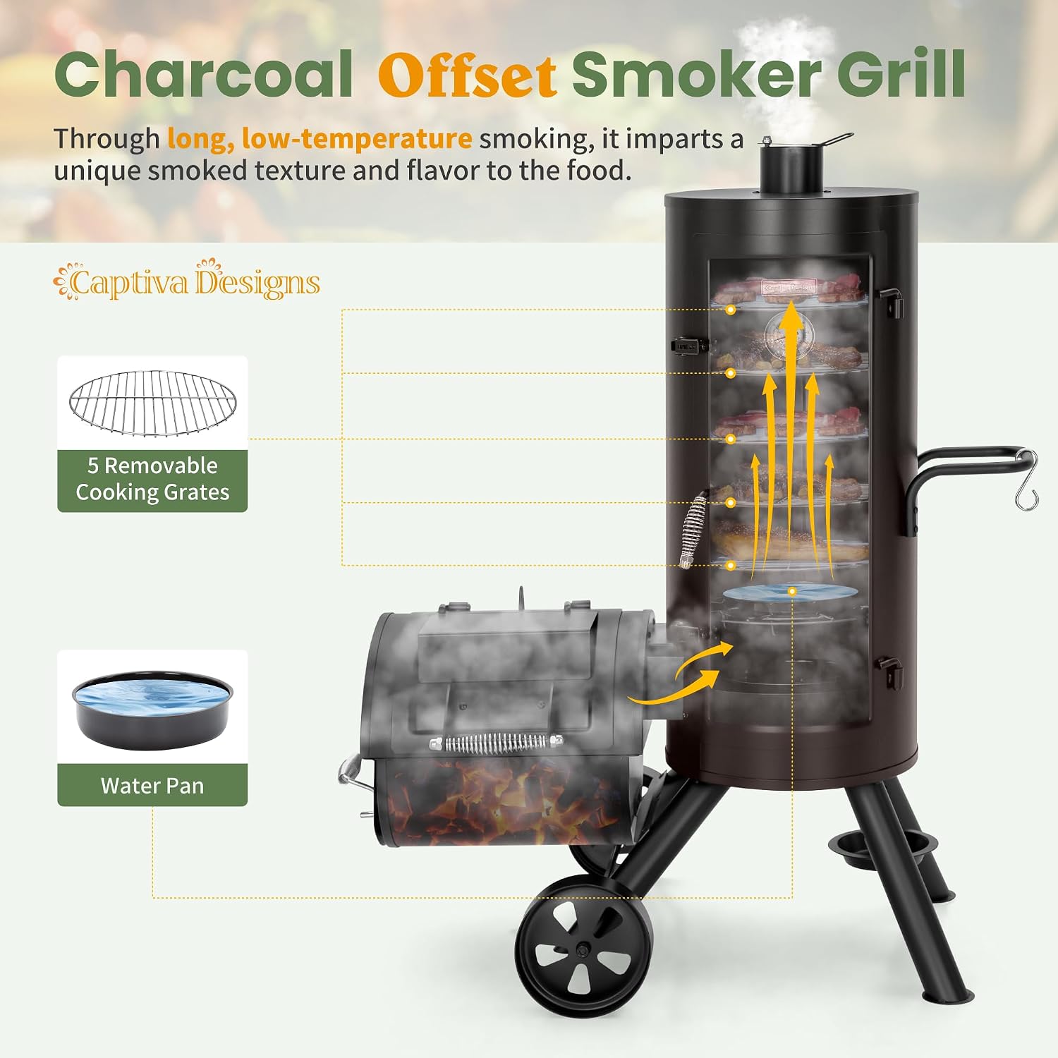 Captiva Designs Vertical Charcoal Smoker Grill Extra Large Barbecue Grill | 961 SQ.IN Outdoor Barrel BBQ Meat Smoker with 5 Removable Smoking Grates & Built-in Hooks for Outdoor Backyard Cooking