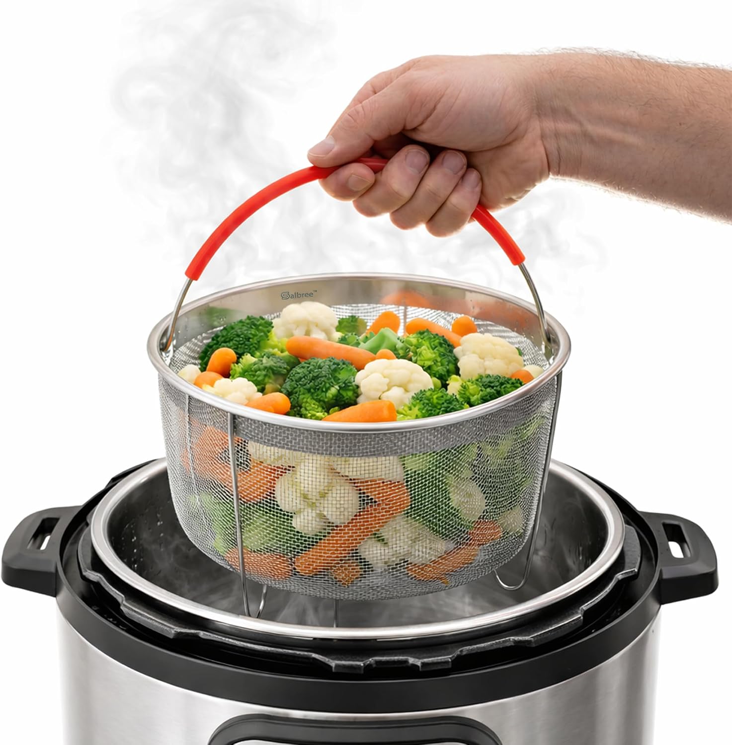 Salbree Steamer Basket for 6qt Instant Pot and Many Other Pressure Cookers | Stainless steel strainer insert with silicone handle fits the 6qt Instant Pot and most air fryers. Comes in 3 different sizes