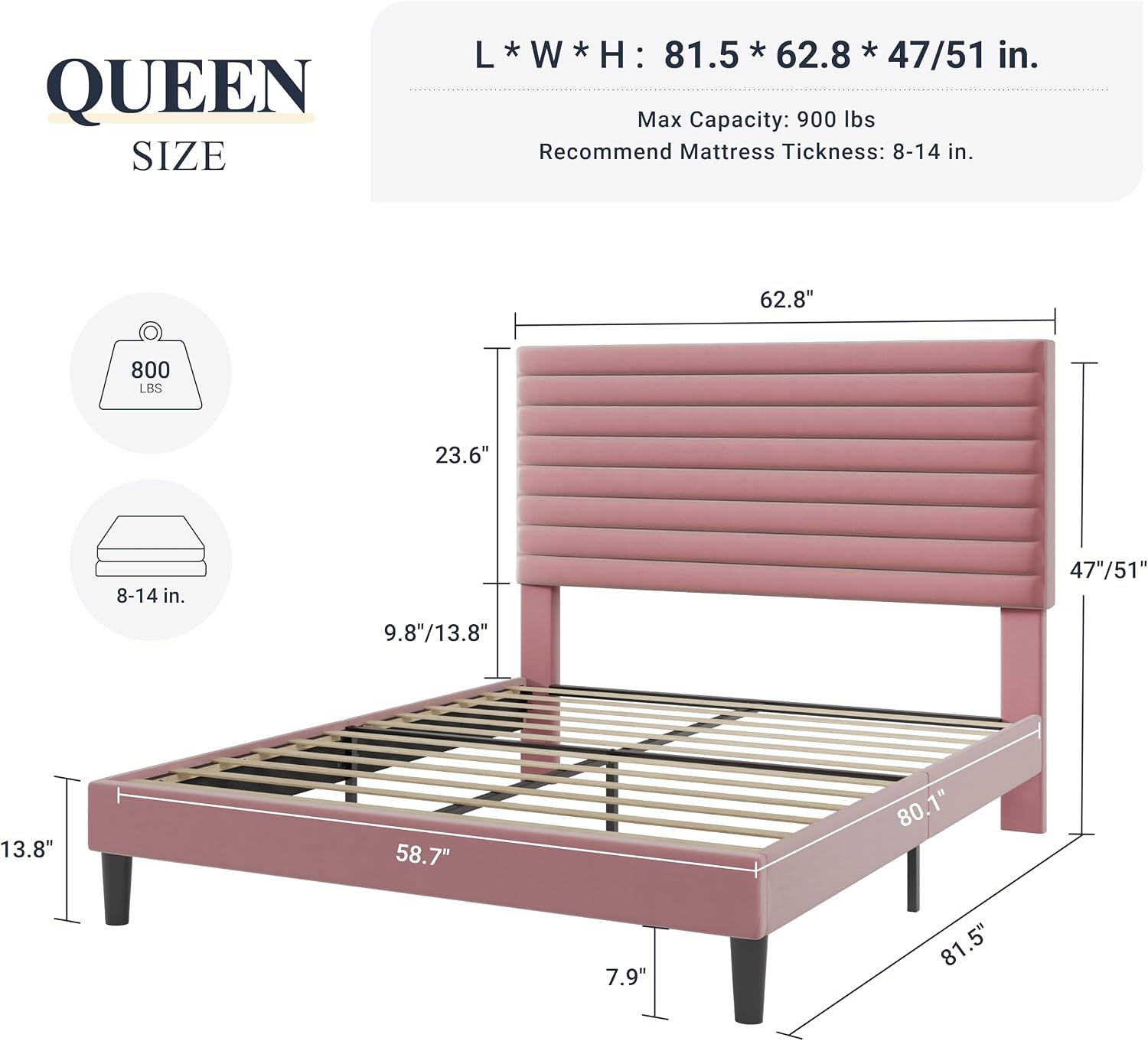 Allewie Queen Bed Frame, Velvet Upholstered Platform Bed with Adjustable Headboard, Horizontal Channel Design, Wood Slat Support, No Box Spring Needed, Noise Free, Easy Assembly, White