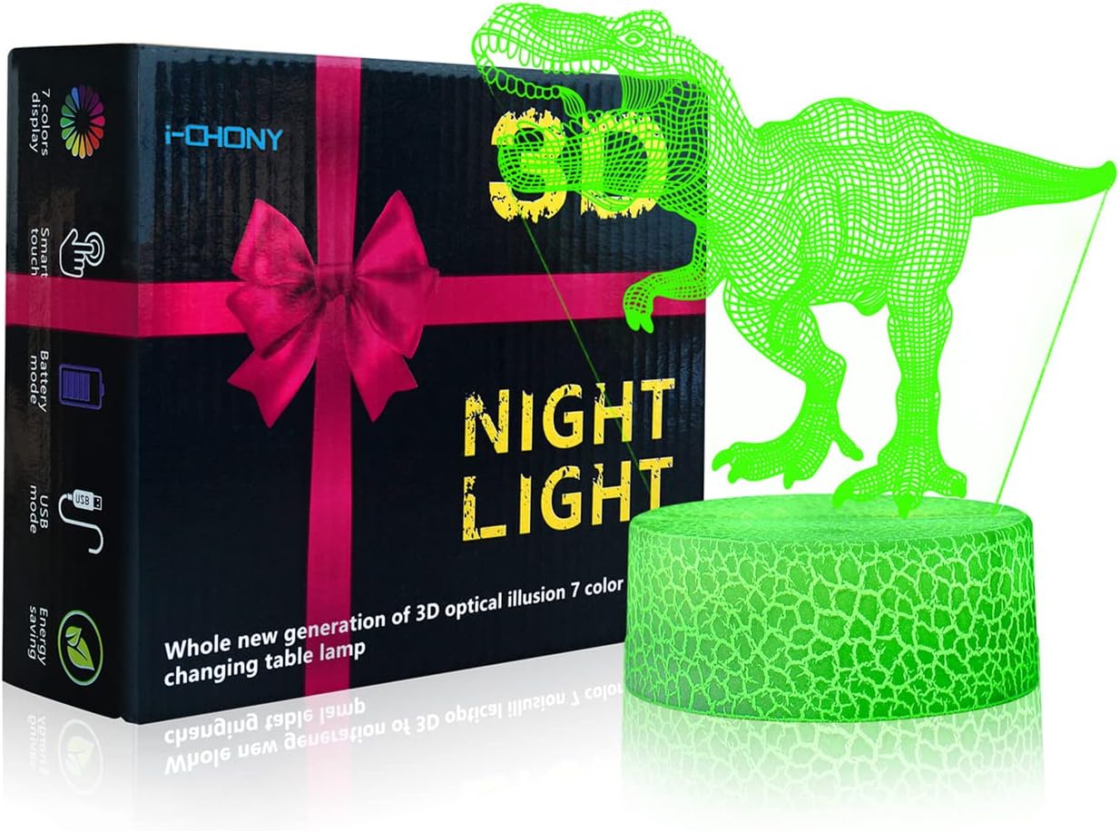 i-CHONY Dinosaur Toy T-Rex 3D Night Light for Kids, 16 Colors Dimmable Dinosaur Led Light with Remote & Smart Touch