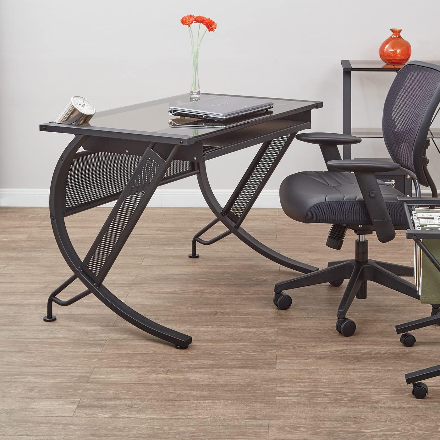 OSP Home Furnishings Horizon Computer Desk with Pull-Out Keyboard Tray, Tempered Glass Top and Steel Frame, Black