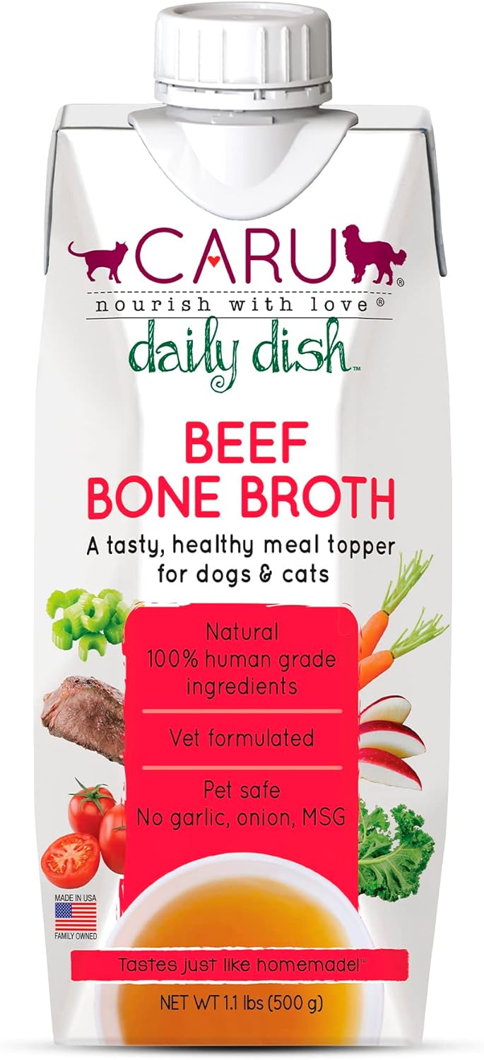 Caru Daily Dish Beef Bone Broth, Topper – Dogs & Cats – 17.6 oz, 1 Pack