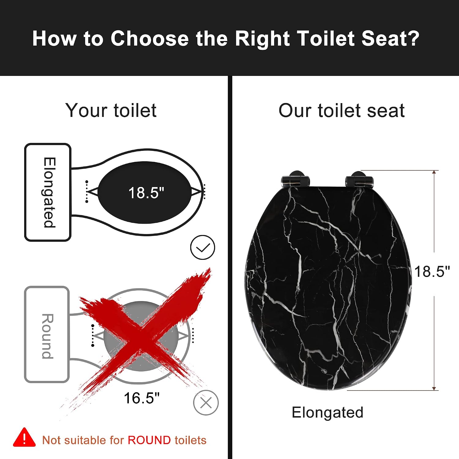 Angel Shield Marble Toilet Seat Durable Molded Wood with Quiet Close,Easy Clean，Quick-Release Hinges (Elongated,Black Marble)