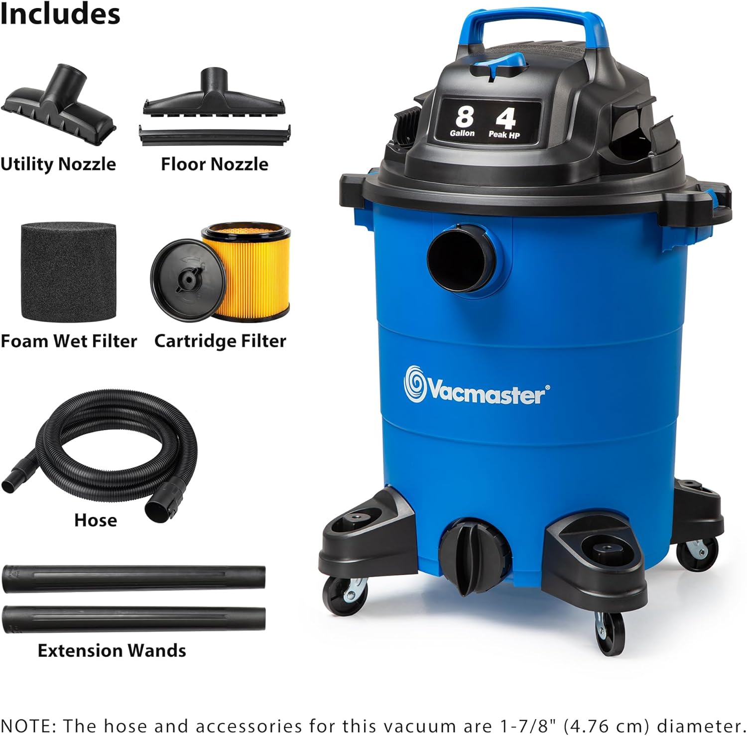 Vacmaster VOC809PF 8-Gal 4 Peak HP Utility Wet/Dry Vacuum Blue